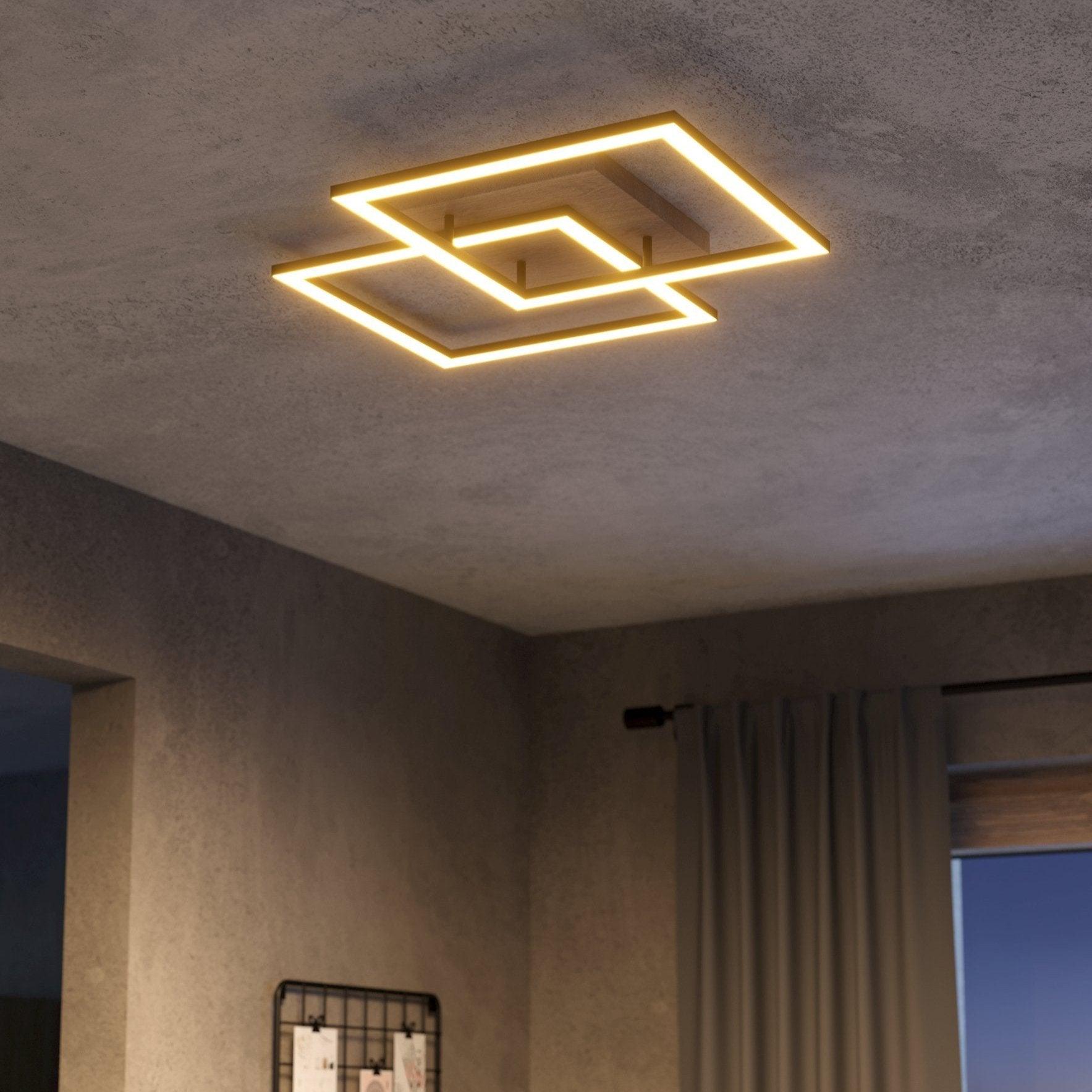 Eglo Connect Lomaltas Z Smart LED Flush Mount Ceiling Light with 2 Square Light Rings - Dimmable Oak Veneer Fixture for Bedroom, Living Room & Kitchen Lighting