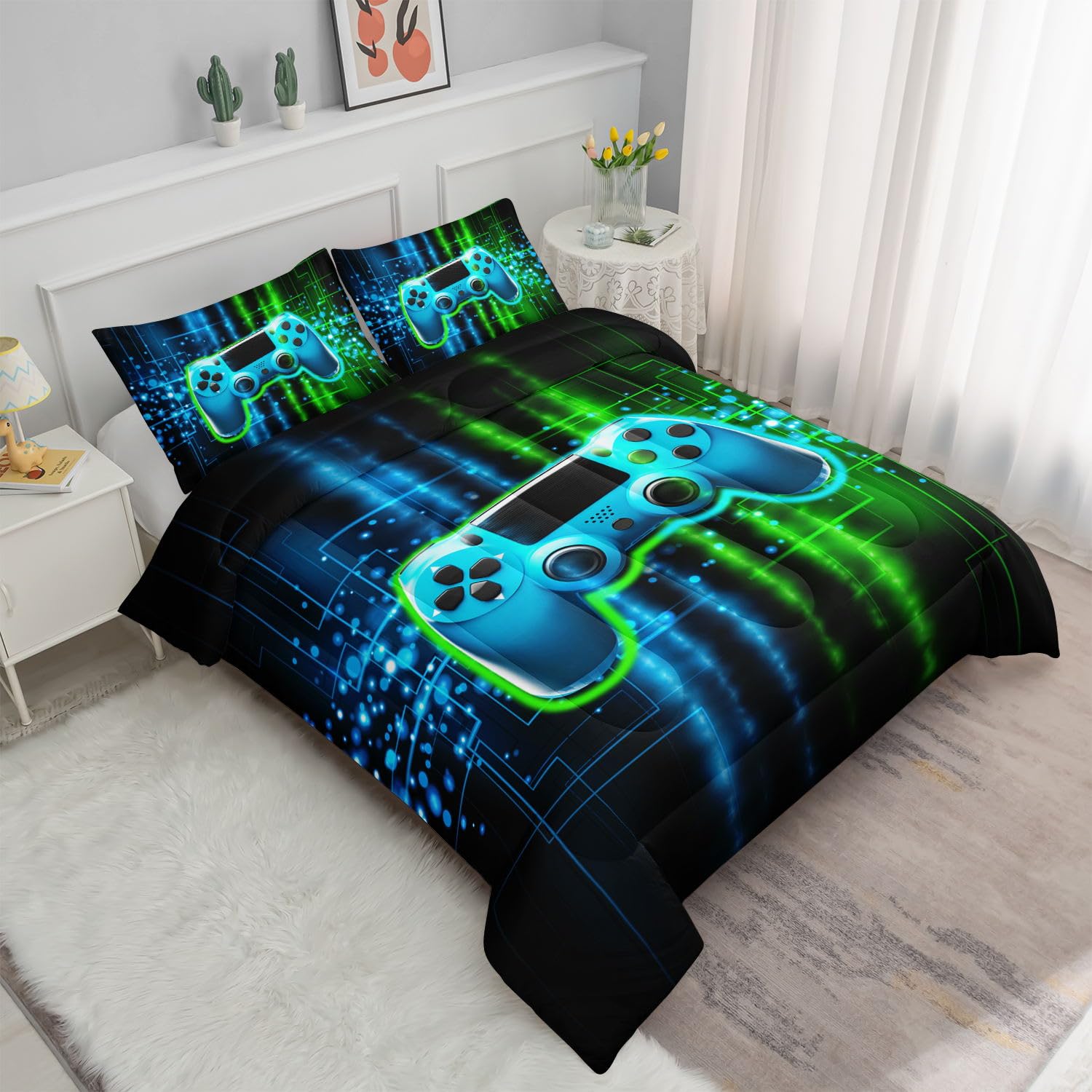 Modern Gamer Comforter Set - Green & Black Gamepad Printed Bedding for Kids, Teens & Adults | Includes 1 Twin Comforter & 2 Pillowcases | Perfect for Gaming Rooms, Sleepovers & Esports Themed Decor