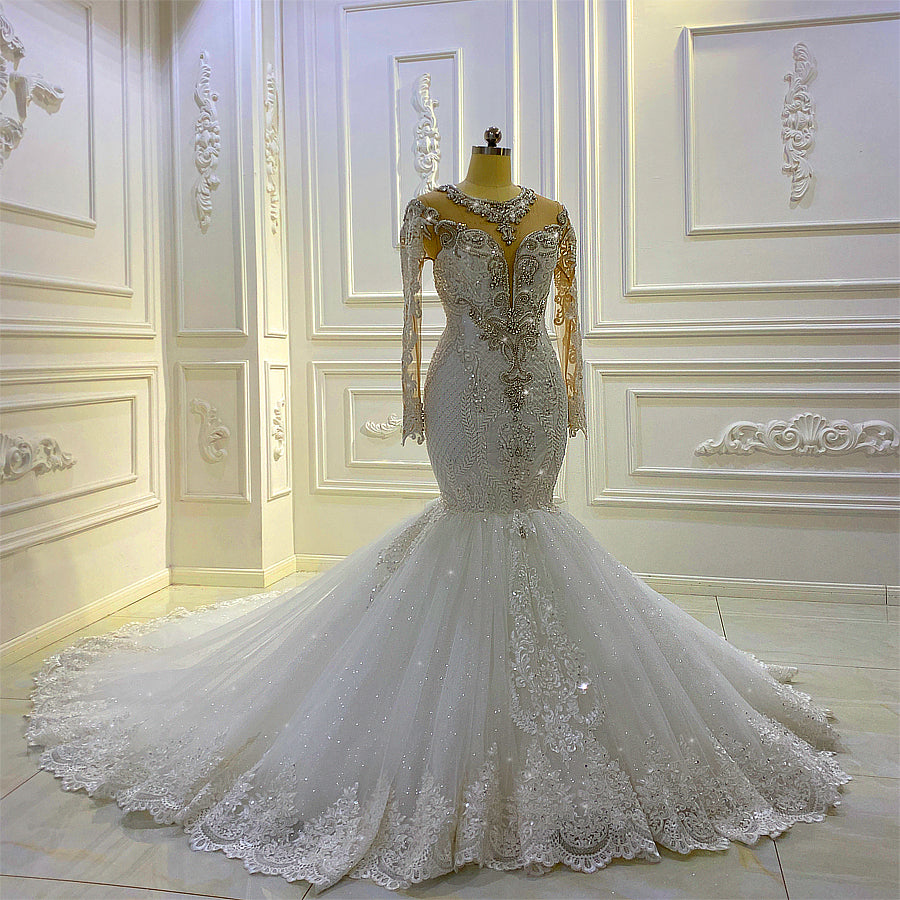 Elegant Long Sleeve Lace Applique Crystal Mermaid Wedding Dress AM1032 - Perfect for 2022 Bridal Ceremonies, Beach Weddings & Formal Evening Receptions