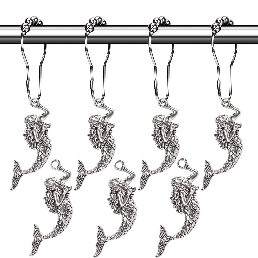 Rust-Proof Silver Mermaid Shower Curtain Hooks & Rings - 12-Pack Decorative Bathroom Accessories for Beach Theme Decor | Perfect for Coastal, Nautical & Ocean-Inspired Bathrooms