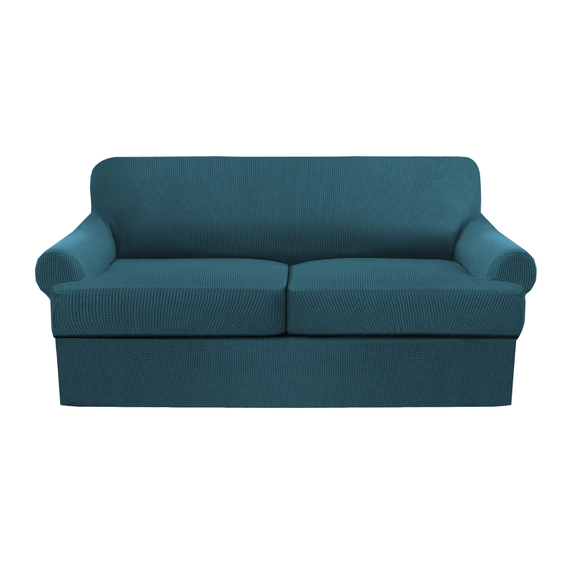 3-Piece T-Cushion Sofa Slipcovers - Thick Stretchable Couch Cover Furniture Protector for 2-Cushion Loveseat with Washable T-Cushion Covers (Teal) - Perfect for Living Room, Family Room & Home Decor Protection