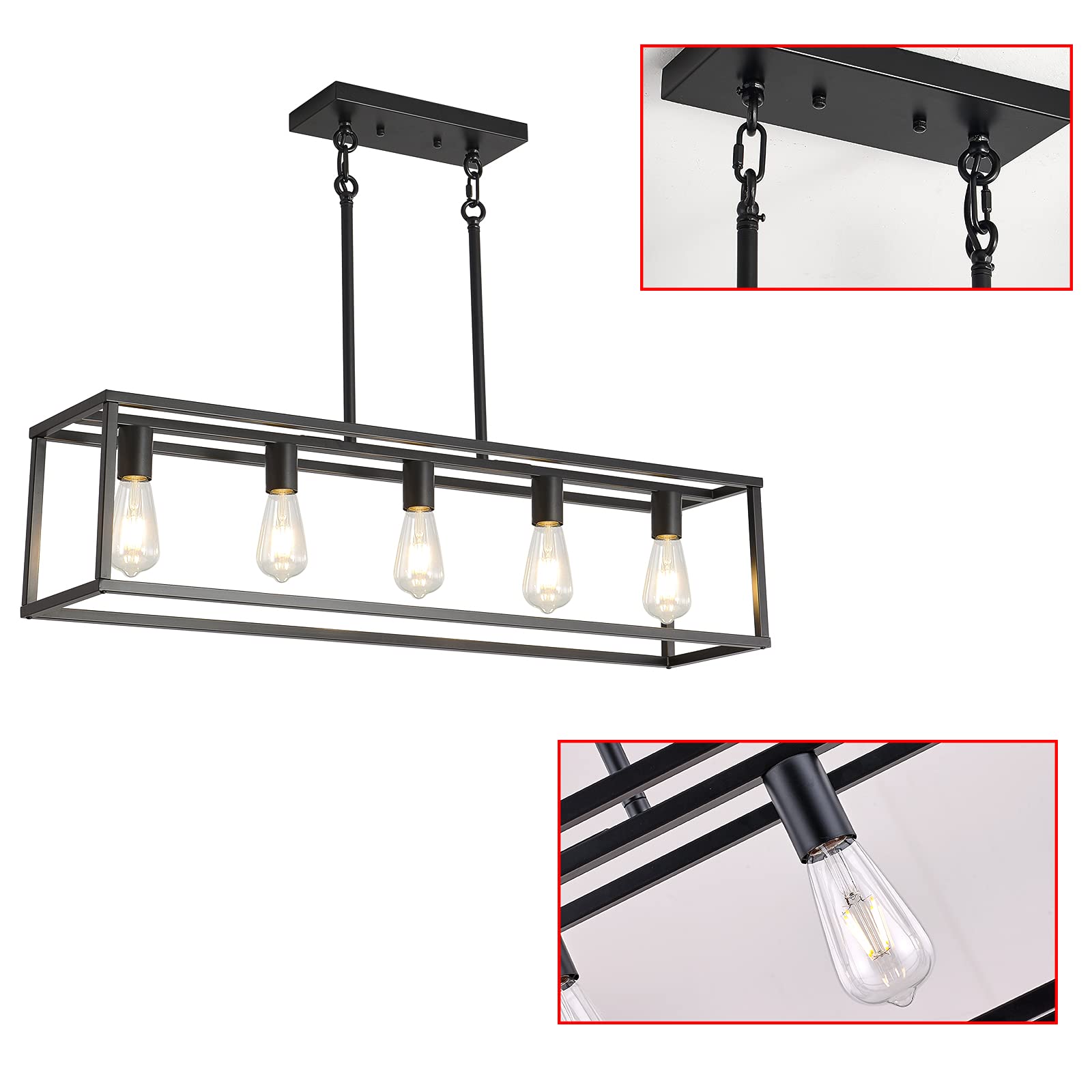 XILICON Farmhouse Chandelier - 5-Light Black Modern Linear Pendant Light for Kitchen Island, Dining Room & Ceiling | Rustic Cage Design for Home Decor