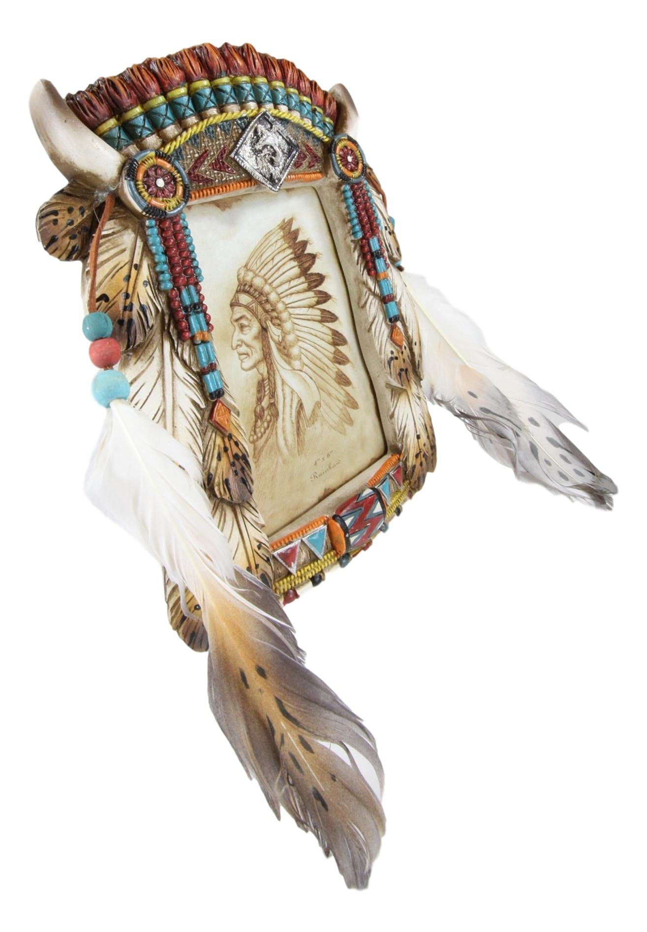 Ebros 2-Pack Southwest Native American Indian Headdress & Alpha Wolf Dreamcatcher Wall Decor - Beaded Lace, Eagle Feathers & Turquoise Gems - 4x6 Photo Frames with Easel Back for Desktop or Wall Display | Perfect for Home Office, Bedroom Decor & Native American Theme Gifts