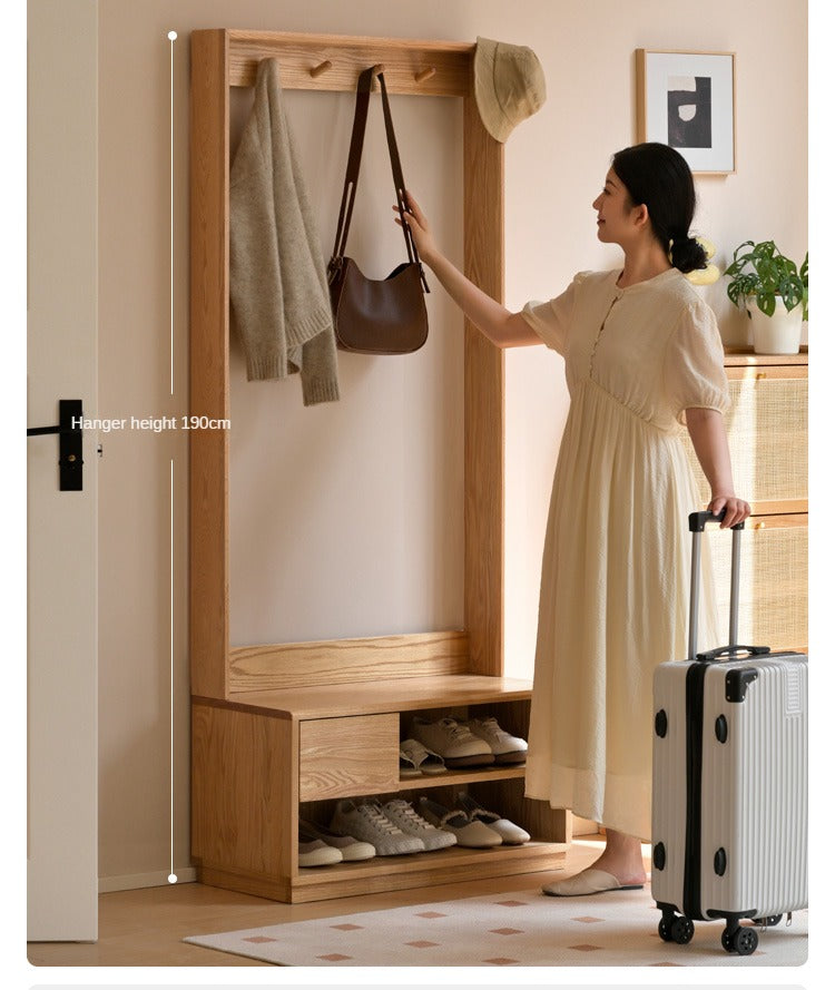 Solid Oak Wood Shoe Bench with Coat Hooks - Durable Entryway Storage Organizer for Shoes, Hats & Jackets | Perfect for Mudrooms, Hallways & Bedrooms