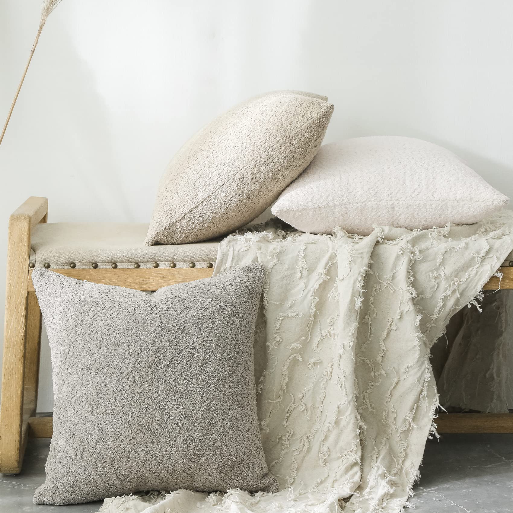Farmhouse Textured Throw Pillow Covers 20x20 - Set of 2 Neutral Rustic Decorative Pillow Cases for Bed, Couch & Living Room - Cream White Accent Cushions for Cozy Home Decor