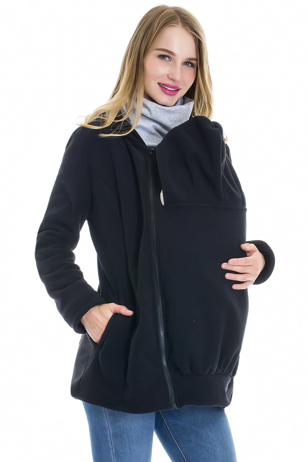 Smallshow Women's Fleece Zip Up Maternity Hoodie Jacket with Baby Carrier - Soft Nursing Sweatshirt for Breastfeeding & Babywearing - Perfect for Outdoor Walks, Shopping & Bonding Time