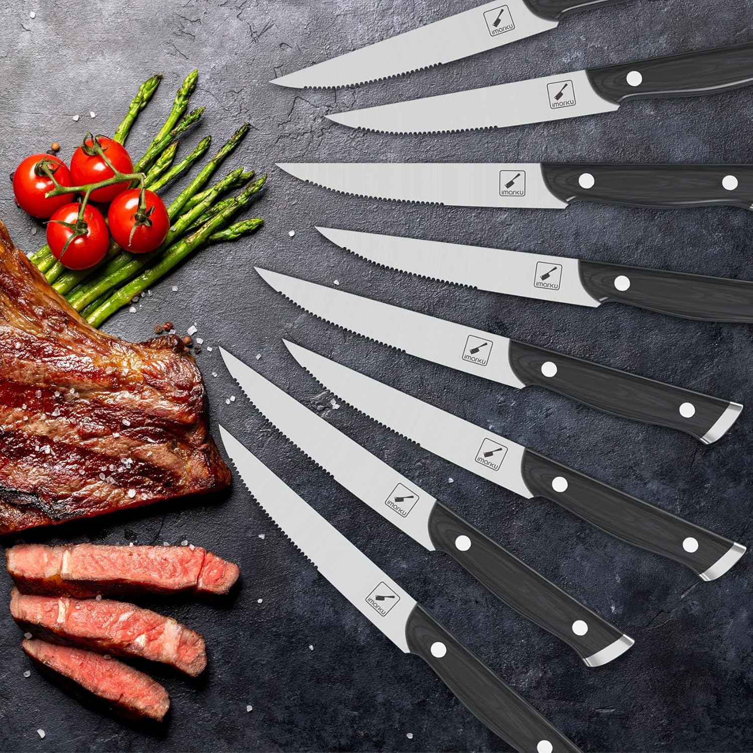 Premium 5-Piece Imarku Serrated Steak Knife Set - Stainless Steel Blades with Black Painted Wood Handles - Perfect for Steak Dinners, BBQs, and Fine Dining