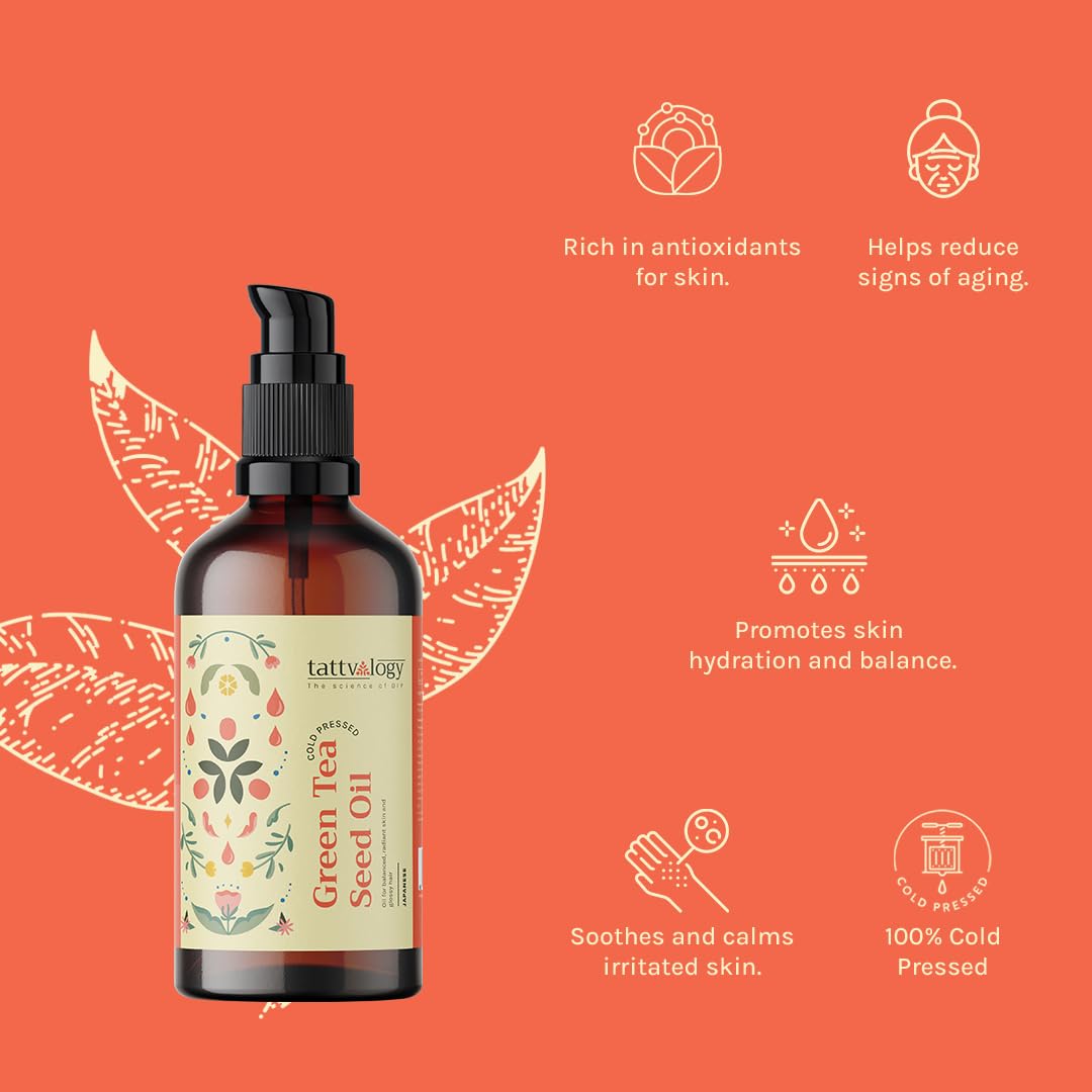 Tattvalogy Pure Green Tea Seed Oil (Camellia Japonica) - 100% Natural Undiluted Carrier Oil for Skin Nourishment, Moisturizing & Anti-Aging | Reduces Fine Lines & Wrinkles | 15ml Glass Bottle | Perfect for Facial Serums, Massage Oils & DIY Skincare
