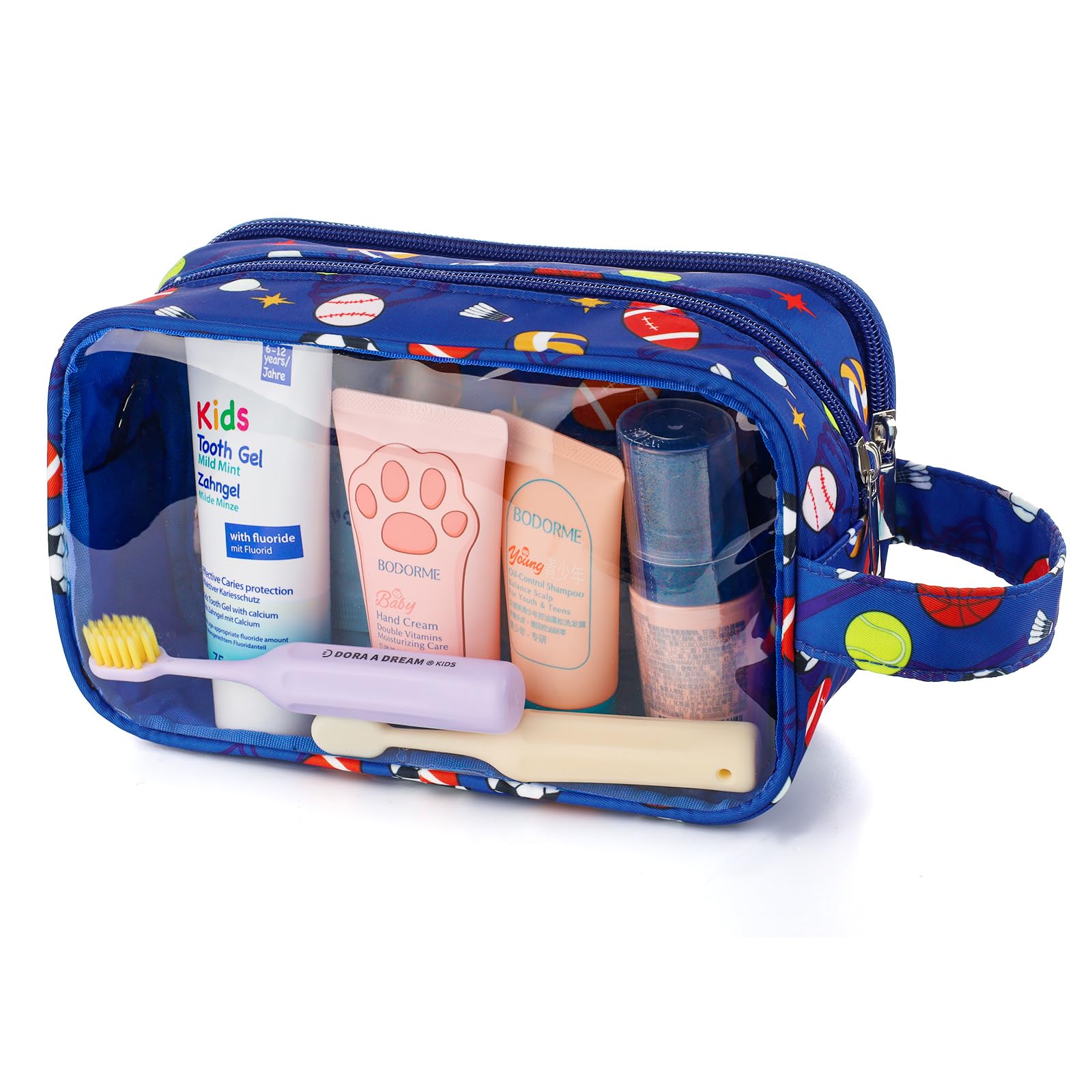 Waterproof Hanging Toiletry Bag for Boys - Travel Wash Bag with Clear Compartments for Kids & Toddlers - Blue Soccer Ball Design - Perfect for School Trips, Camping & Family Vacations
