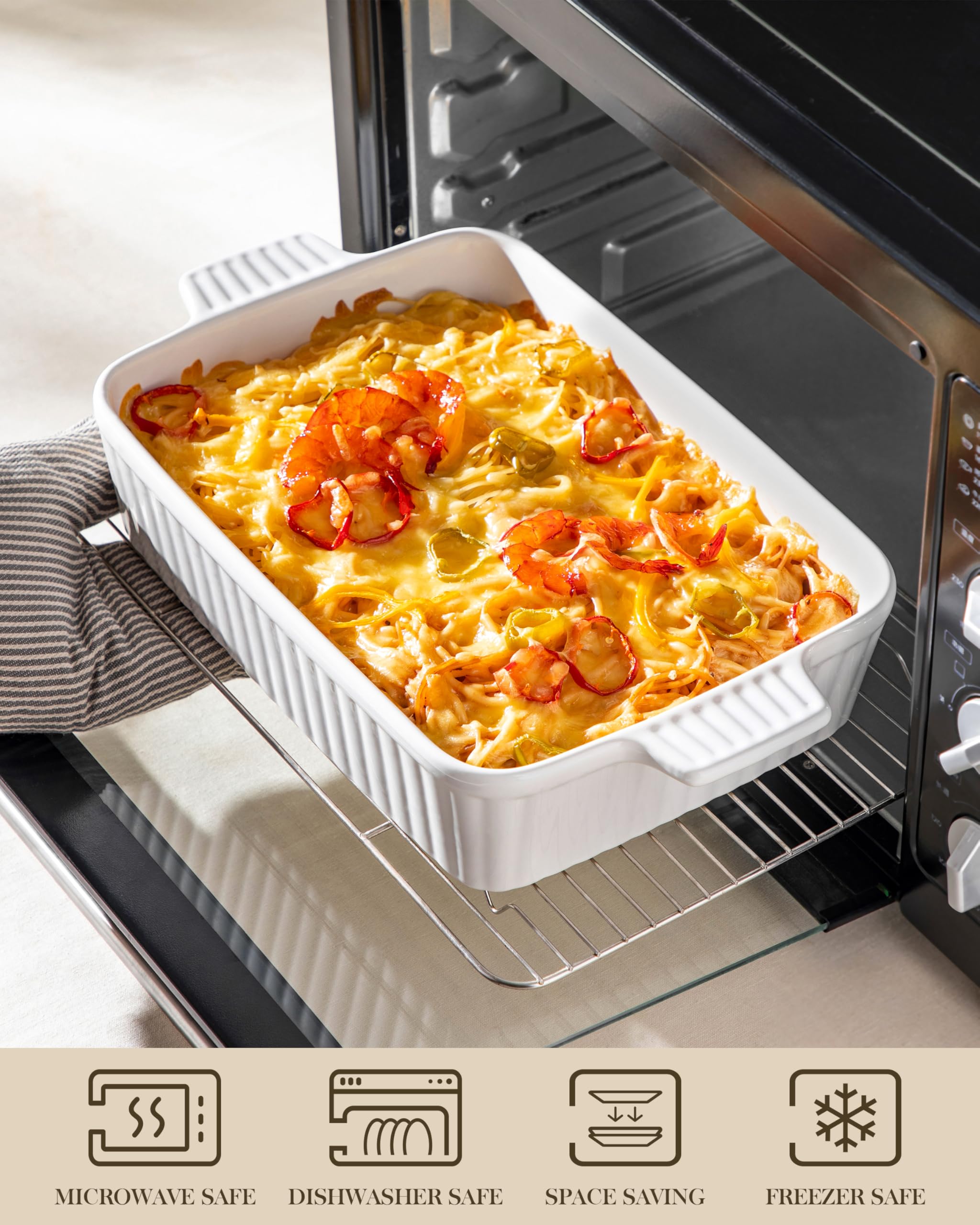 MALACASA 4.4 QT Ceramic Baking Dish - 9x13 Inch Large Rectangular Casserole Pan with Handles, Oven & Microwave Safe White Lasagna Dish for Baking, Roasting & Serving - Perfect for Family Dinners, Holiday Meals & Potlucks