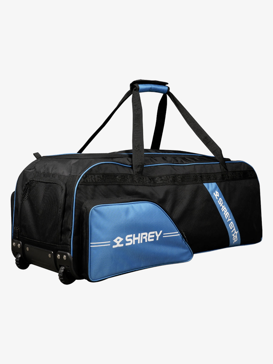 Shrey Star Wheelie 2.0 Cricket Bag - Premium Black & Steel Blue Cricket Gear for Professional Players - Perfect for Matches, Practice & Travel