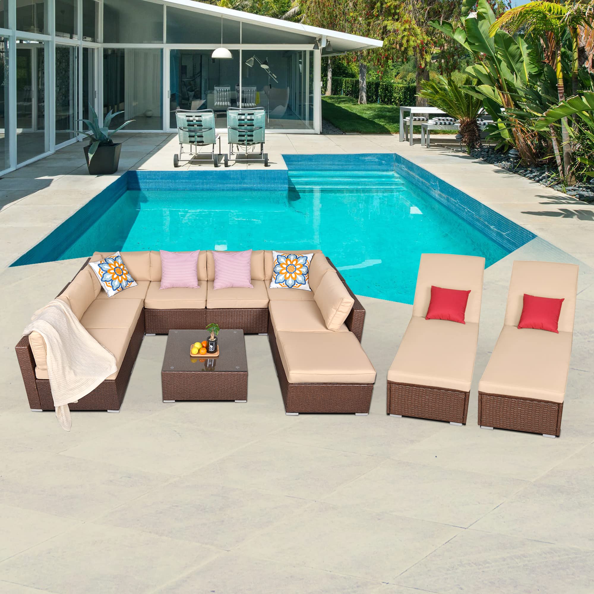 11-Piece All-Weather Wicker Patio Furniture Set with Chaise Lounge Chairs & Coffee Table - Beige Outdoor Sectional Sofa Conversation Set for Backyard, Poolside & Garden Relaxation