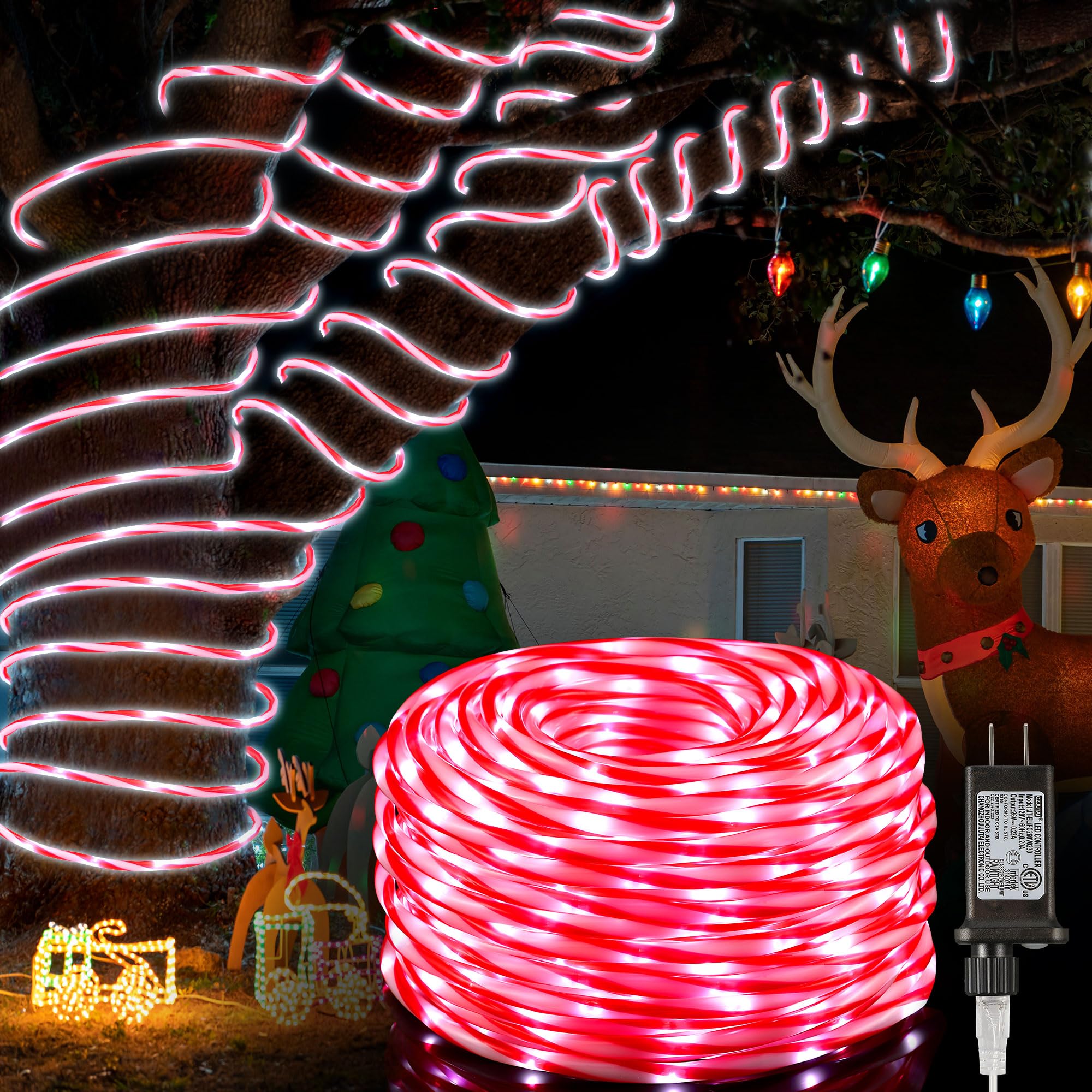 Hiboom Christmas Candy Cane Rope Lights - 65.6ft Waterproof Outdoor Decorative String Lights with 8 Lighting Modes & Timer for Christmas Tree, Fence, Patio, Garden, Yard - Perfect for Holiday Decorations, Parties, and Festive Outdoor Lighting