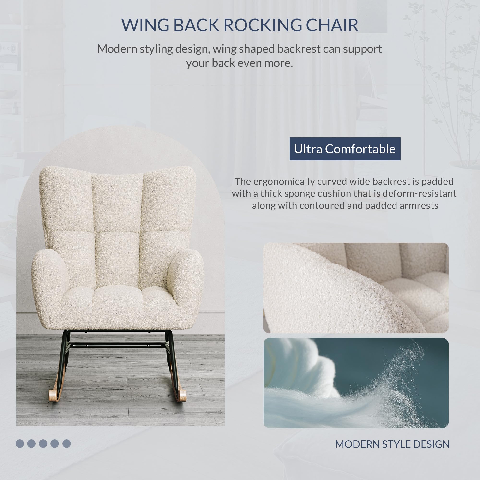 BELLEZE Upholstered Rocking Glider Chair with Cushioned Back & Armrests - Wide Seat Nursery Rocker for Bedroom, Living Room, Office - Perfect for Nursing, Relaxing & Reading (Lucy - White)