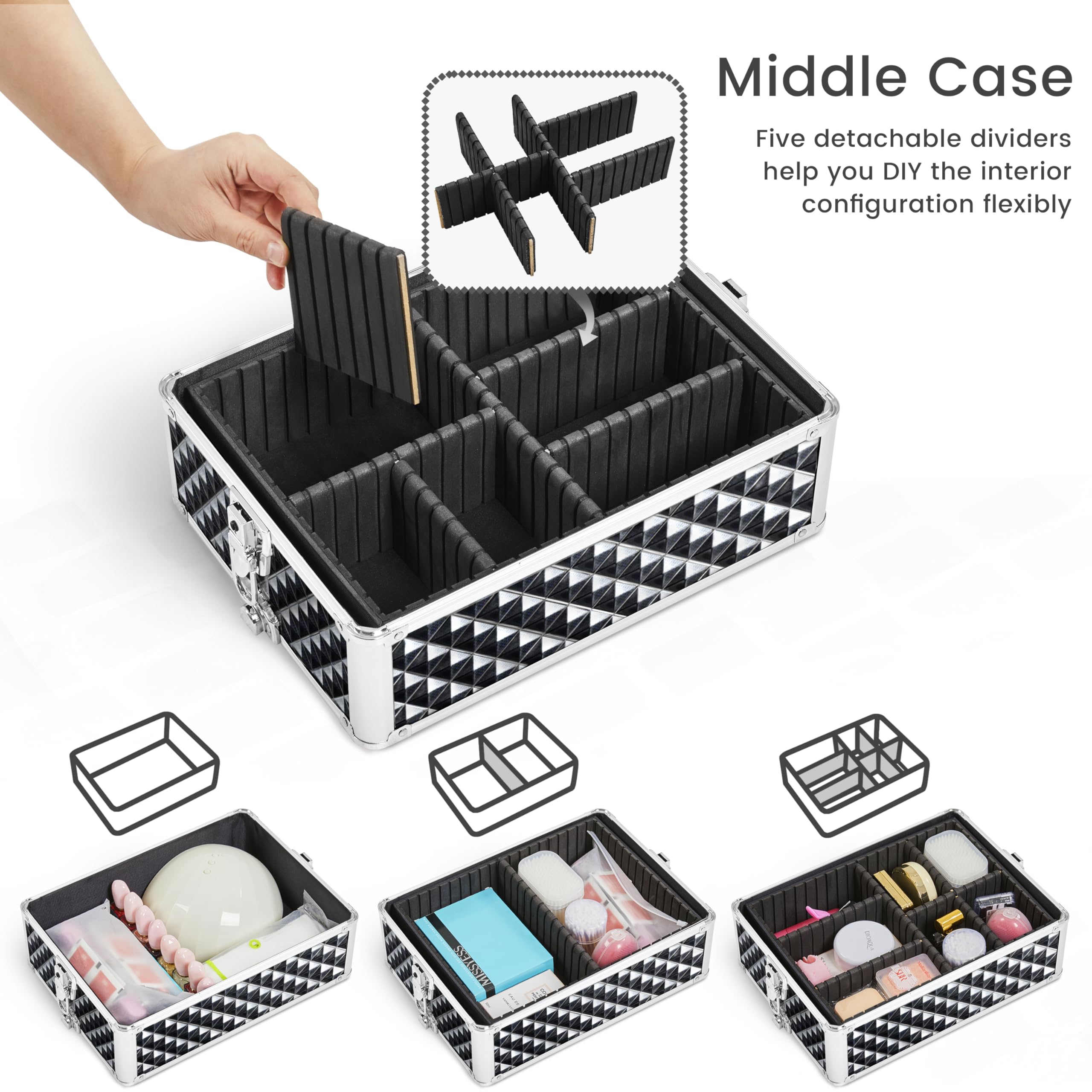 Yaheetech 4-in-1 Professional Makeup Train Case with Wheels - Rolling Cosmetic Trolley, Makeup Organizer & Travel Case - 4 Detachable Swivel Wheels, Glitter Black - Perfect for Salon Professionals & Mobile Makeup Artists