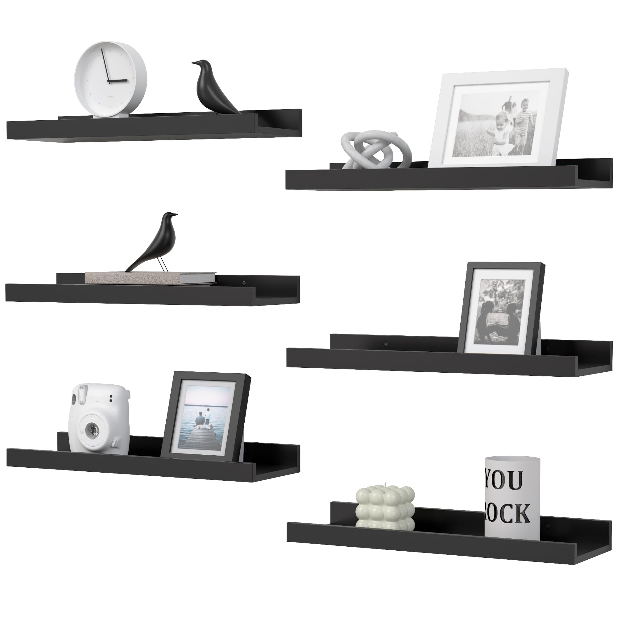 6-Pack Black Floating Shelves with Lip - Modern Wall Shelves for Living Room, Bedroom, Bathroom - Perfect for Displaying Pictures, Books, Plants & Home Decor - Sturdy Wall Mounted Shelving Solution