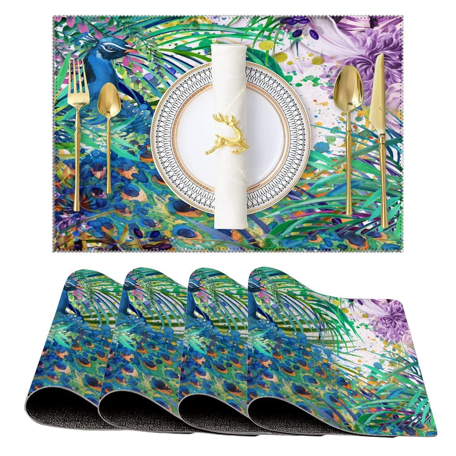Heat-Resistant Blue Peacock Tail Feather & Floral Painting PVC Placemats Set of 4 - Washable, Durable & Anti-Skid Kitchen Table Mats for Dining, Parties & Home Decor