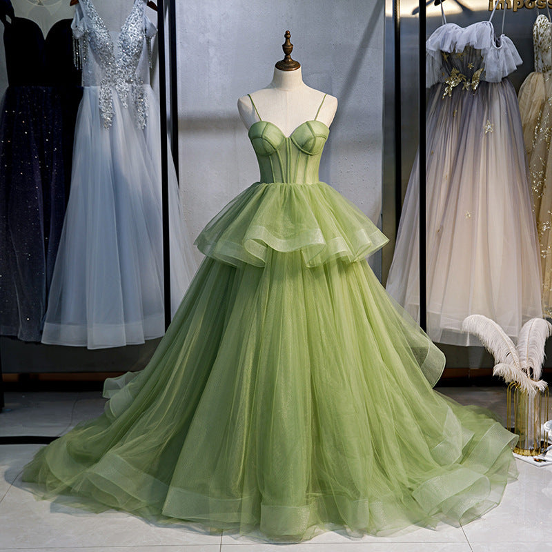 Elegant Green Tulle Ball Gown with Ruffles & Spaghetti Straps - Quinceanera & Prom Dress with Train (Style #213) | Perfect for Sweet 16, Homecoming, Formal Dances & Special Occasions