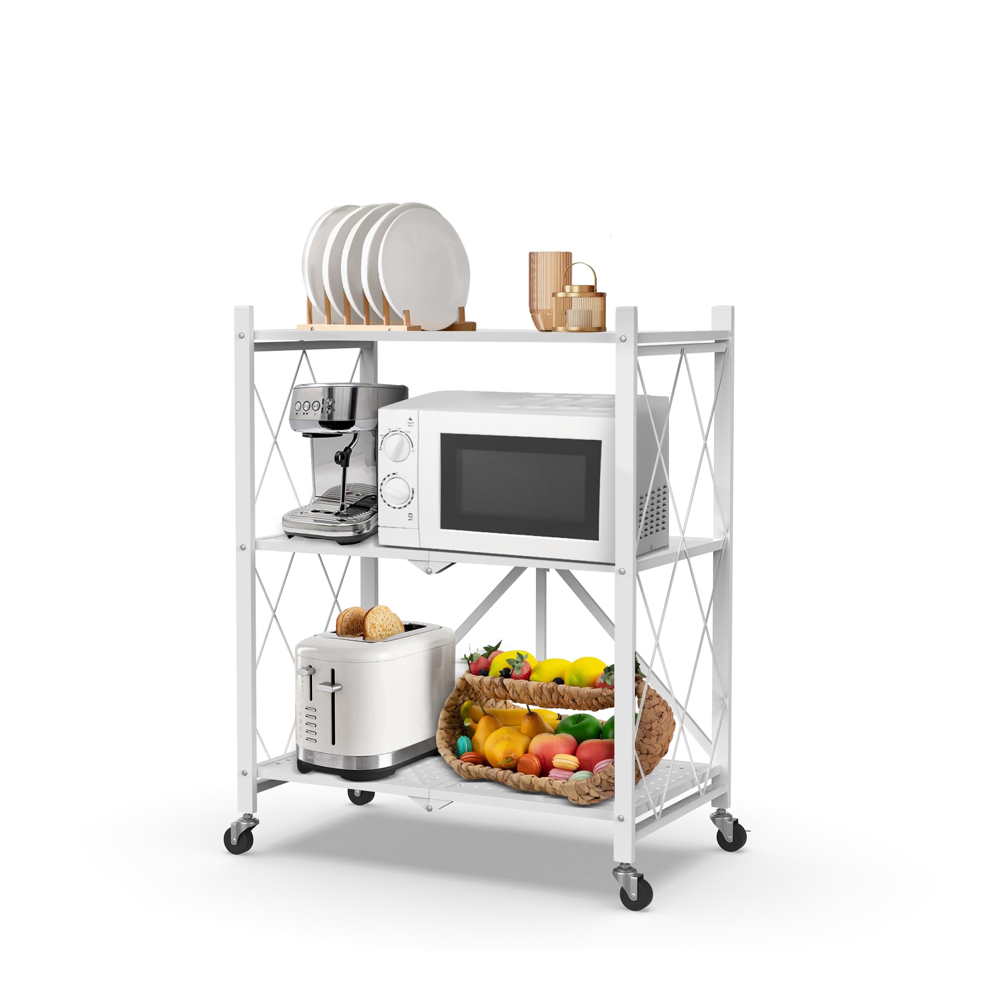 Sturdy 3-Tier Folding Kitchen Bakers Rack with Wheels - Foldable Microwave Stand & Storage Shelf for Grill, Office, Living Room, Bathroom, and Library - Perfect for Small Space Organization & Multi-Purpose Use in White