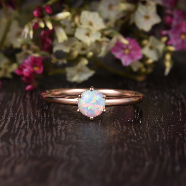 5mm Opal Engagement Ring - Lab-Created Solitaire Rose Gold, 6-Prong Birthstone Stacking Ring | Minimalist Wedding Band, Anniversary Gift for Her, Perfect for Everyday Wear & Special Occasions