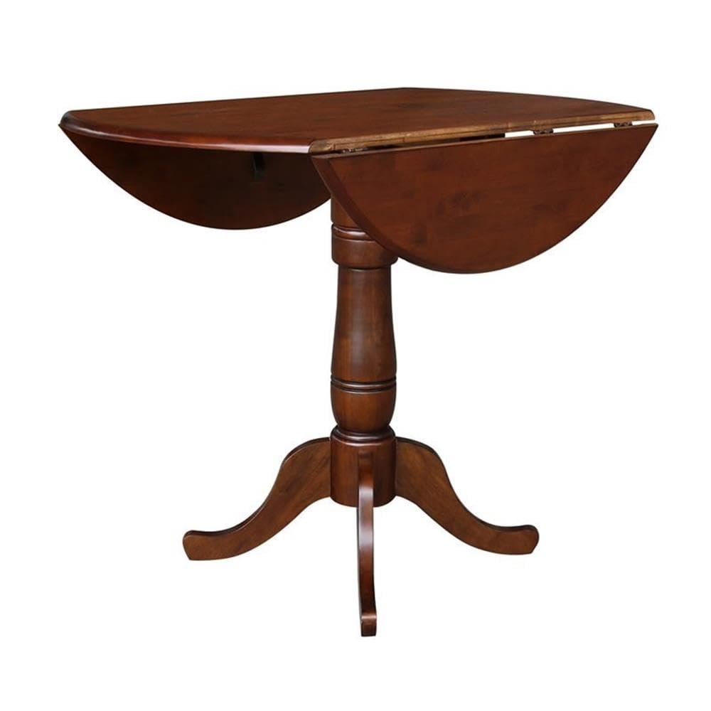 IC International Concepts Round Hardwood Dual Drop Leaf Pedestal Dining Table - Espresso Finish for Kitchen, Dining Room & Small Space Saving Furniture
