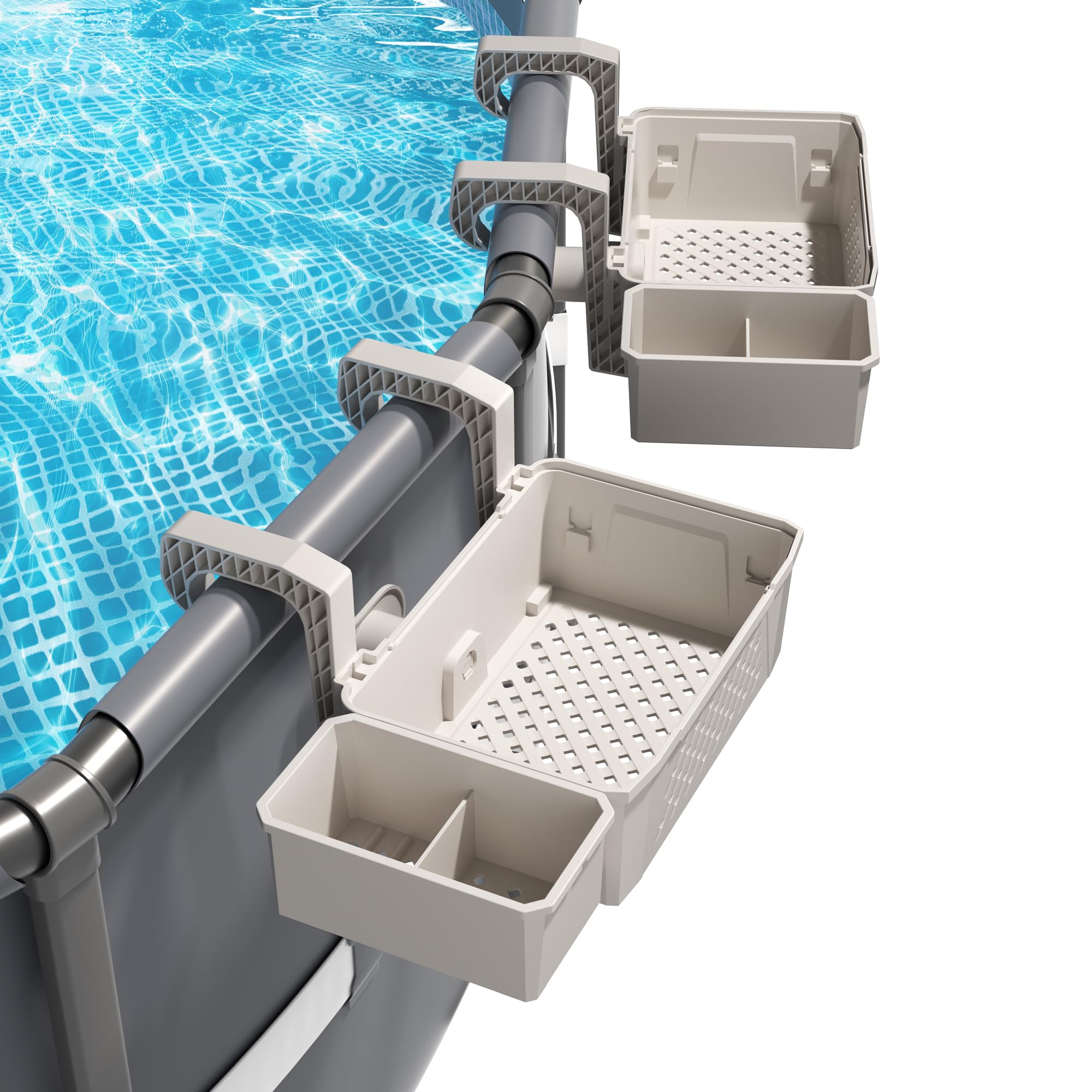 2 Sets of Poolside Storage Baskets with Cup Holders - Fits 3-Inch or Smaller Top Rails - Durable Grey Above Ground Pool Accessories - Perfect for Drinks, Towels & Pool Toys Storage