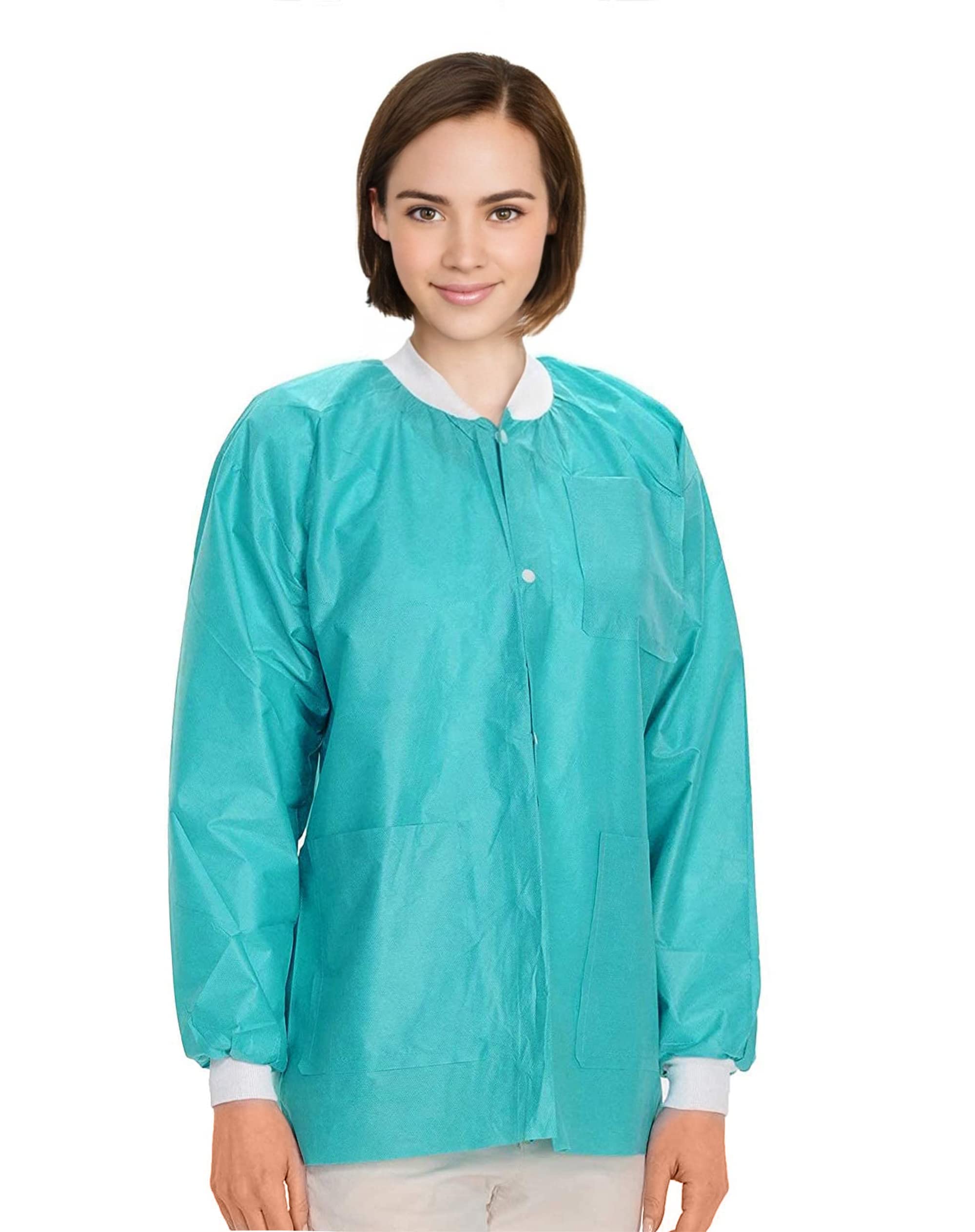 AMZ Medical Supply Teal Disposable Lab Coats with Pockets - Small (Pack of 50) | 45 GSM SMS Dental Jackets | Hip-Length Snap Front Design with Knit Cuffs & Collar | 3 Functional Pockets | Ideal for Dental Clinics, Laboratories & Healthcare Settings