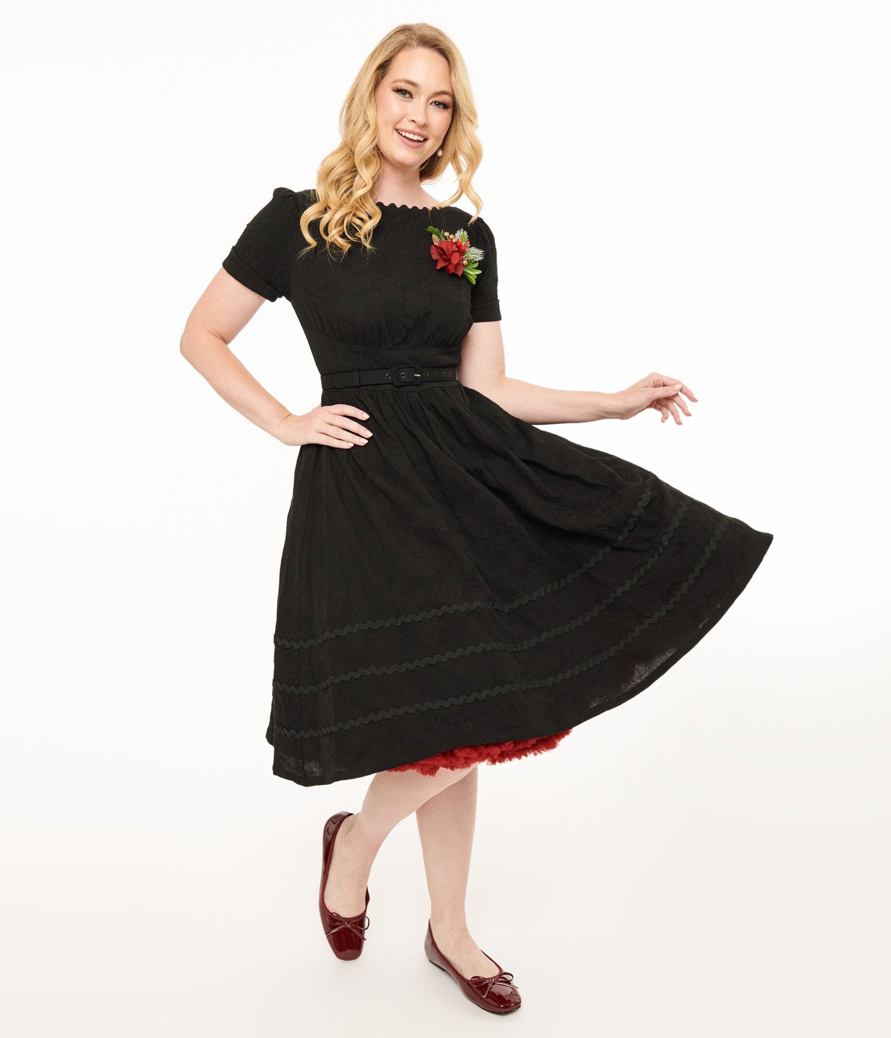 Vintage 1950s Black Holiday Floral Pin Cotton Swing Dress - Retro A-Line Dress for Christmas Party, Cocktail Events & Holiday Gatherings