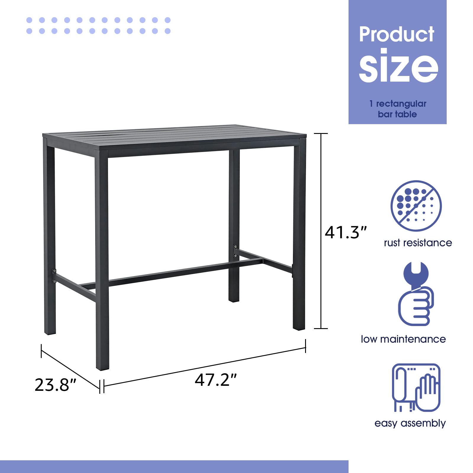 All-Aluminum High Top Bar Table - Rectangular Pub Table for Indoor & Outdoor Use | Easy Assembly & Low Maintenance | Dark Grey | Perfect for Patio, Garden, Restaurant & Home Decor