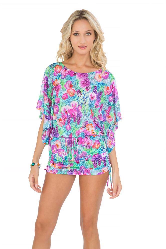 Luli Fama Women's PEQUEÑO Paraiso South Beach Dress - Floral Print, Ruffled Hem, M/Multicolor - Perfect for Beach Vacations, Pool Parties & Summer Outings