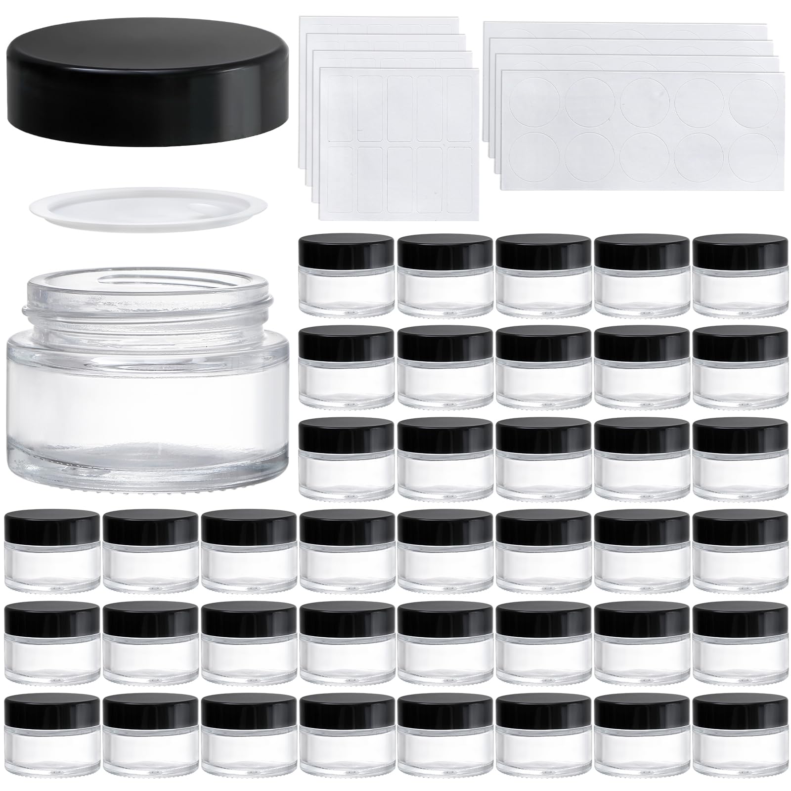 Bekith 40 Pack 1 oz Small Glass Jars with Black Lids - Empty Round Clear Cosmetic Containers for Cream, Lotion, Samples & Powder - Includes Blank Labels & Inner Liners - Perfect for DIY Beauty, Travel Size Toiletries & Skincare Organization
