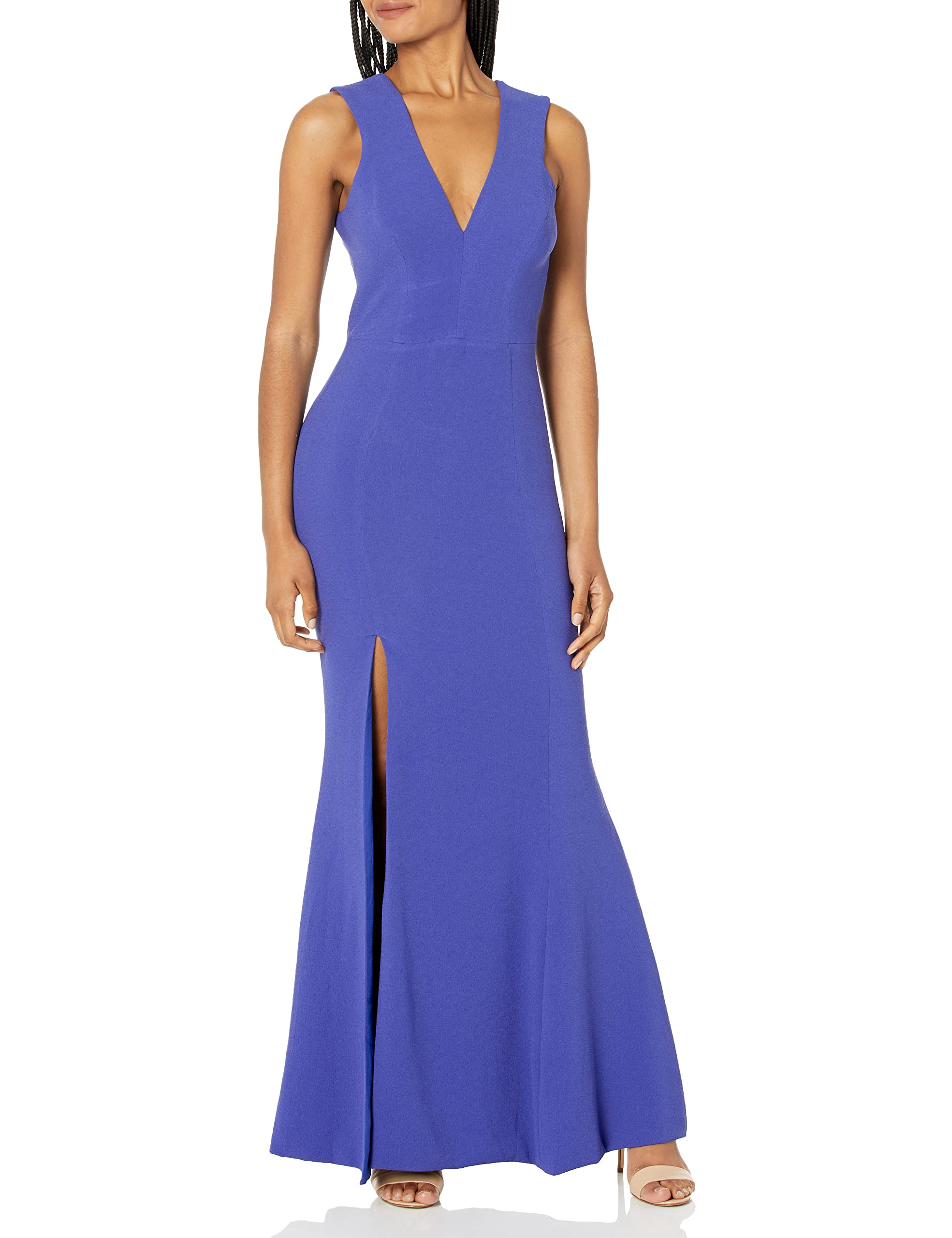 Dress the Population Women's Sandra Plunging Neckline Thick Strap Solid Formal Gown with High Slit - Elegant Evening Dress for Prom, Wedding & Black Tie Events