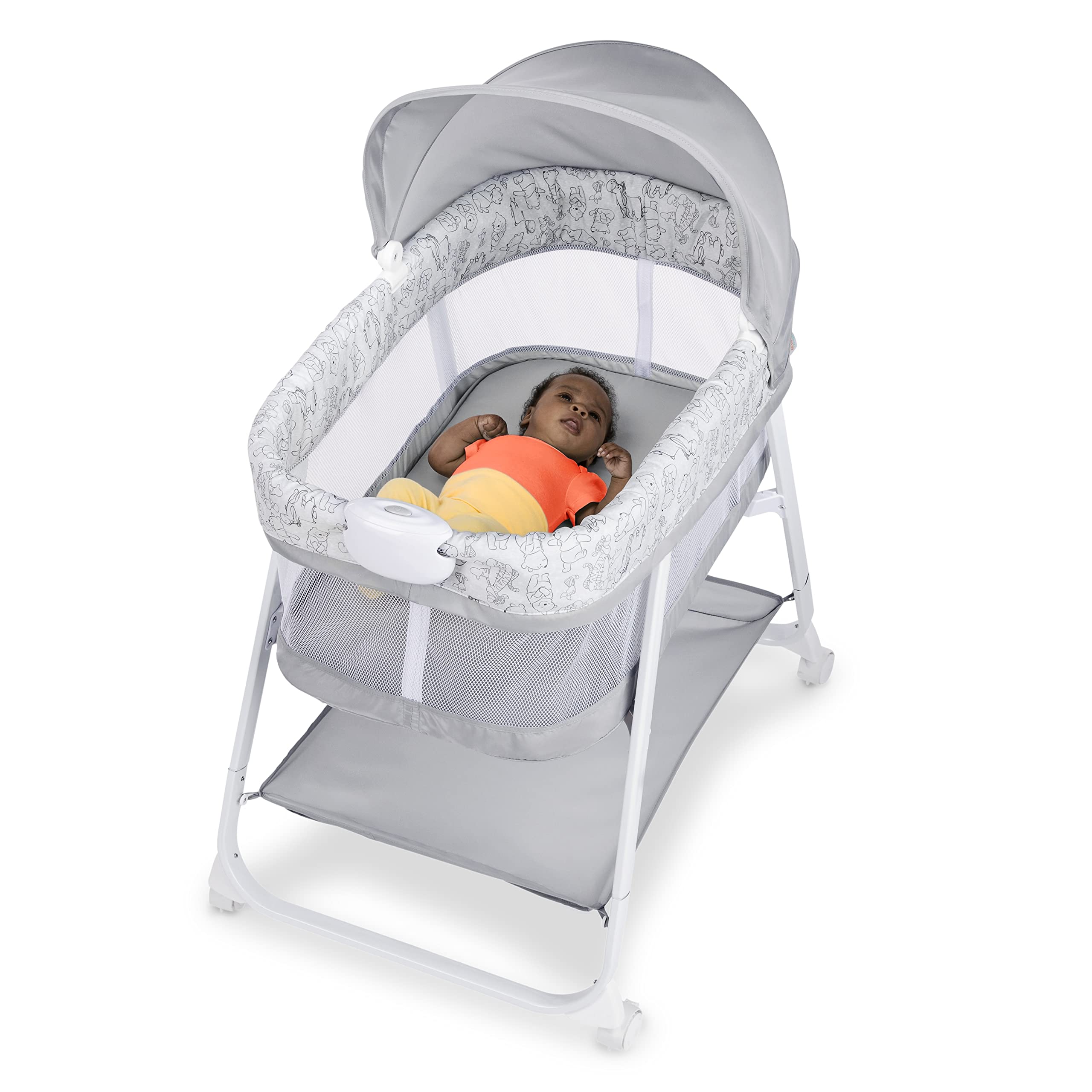 Bright Starts Disney Baby Winnie the Pooh Soothing Vibrations Baby Bassinet - Newborn to 5 Months | Portable Infant Bed with Gentle Vibrations & Plush Pooh Design | Perfect for Nursery, Travel & Daycare Naps