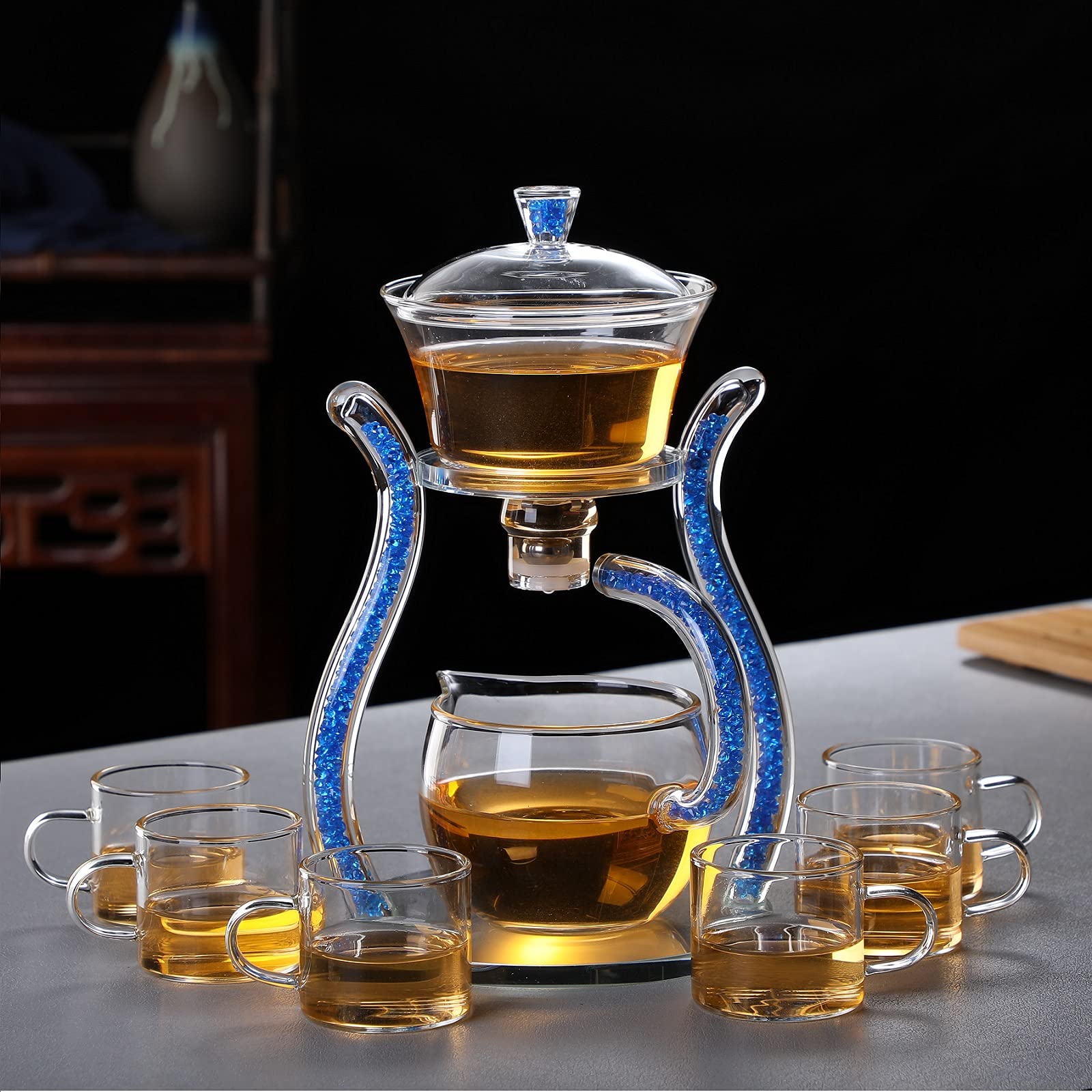 RORA Semi-Automatic Rotating Glass Teapot Set with Infuser - Kungfu Tea Maker for 6 Cups - Perfect for Home, Office & Gift Giving - Elegant Lazy Tea Brewing Experience