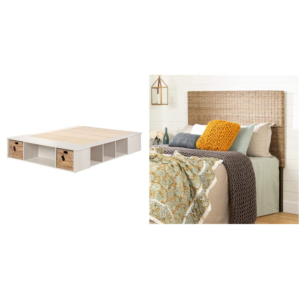 South Shore Avilla Queen Storage Bed with Baskets - Winter Oak & Rattan Platform Bed Frame with Headboard - Perfect for Small Bedrooms & Guest Rooms