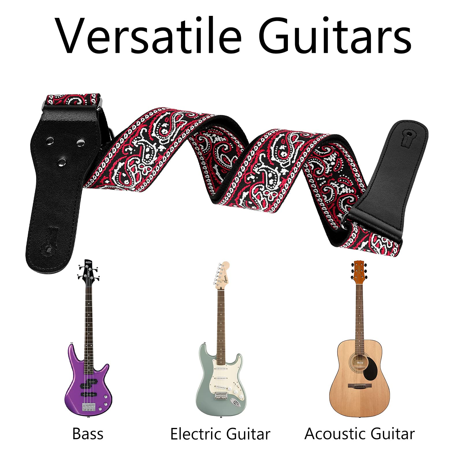 Premium Musiin Guitar Strap - Classic Pattern Adjustable Strap for Bass, Electric & Acoustic Guitars (Black & Red) | Comfortable & Durable for Live Performances, Studio Sessions & Practice