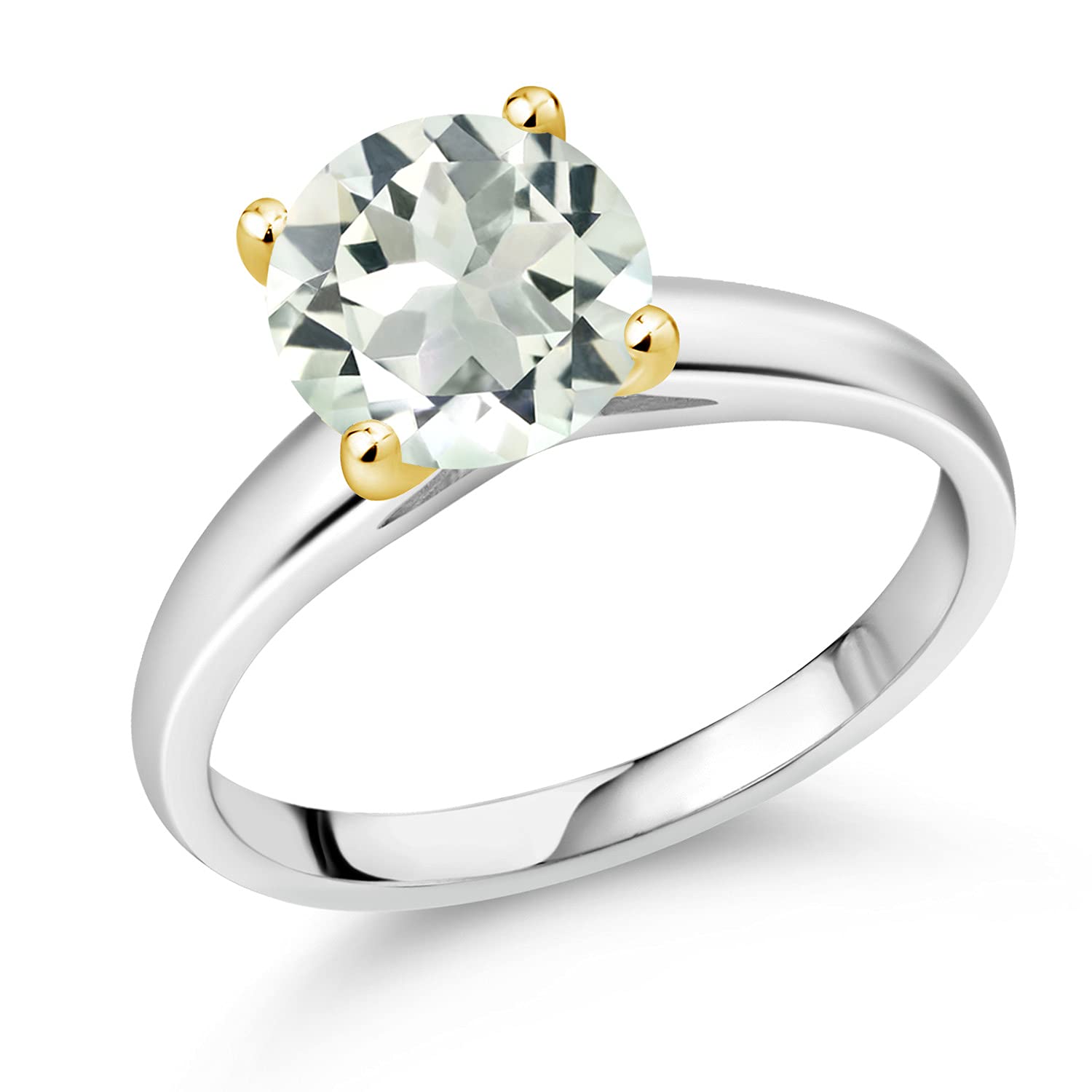 1.85 Ct Round Green Prasiolite 10K White Gold Ring with Yellow Gold Prongs - Gem Stone King | Elegant Engagement, Wedding & Anniversary Jewelry Gift for Women