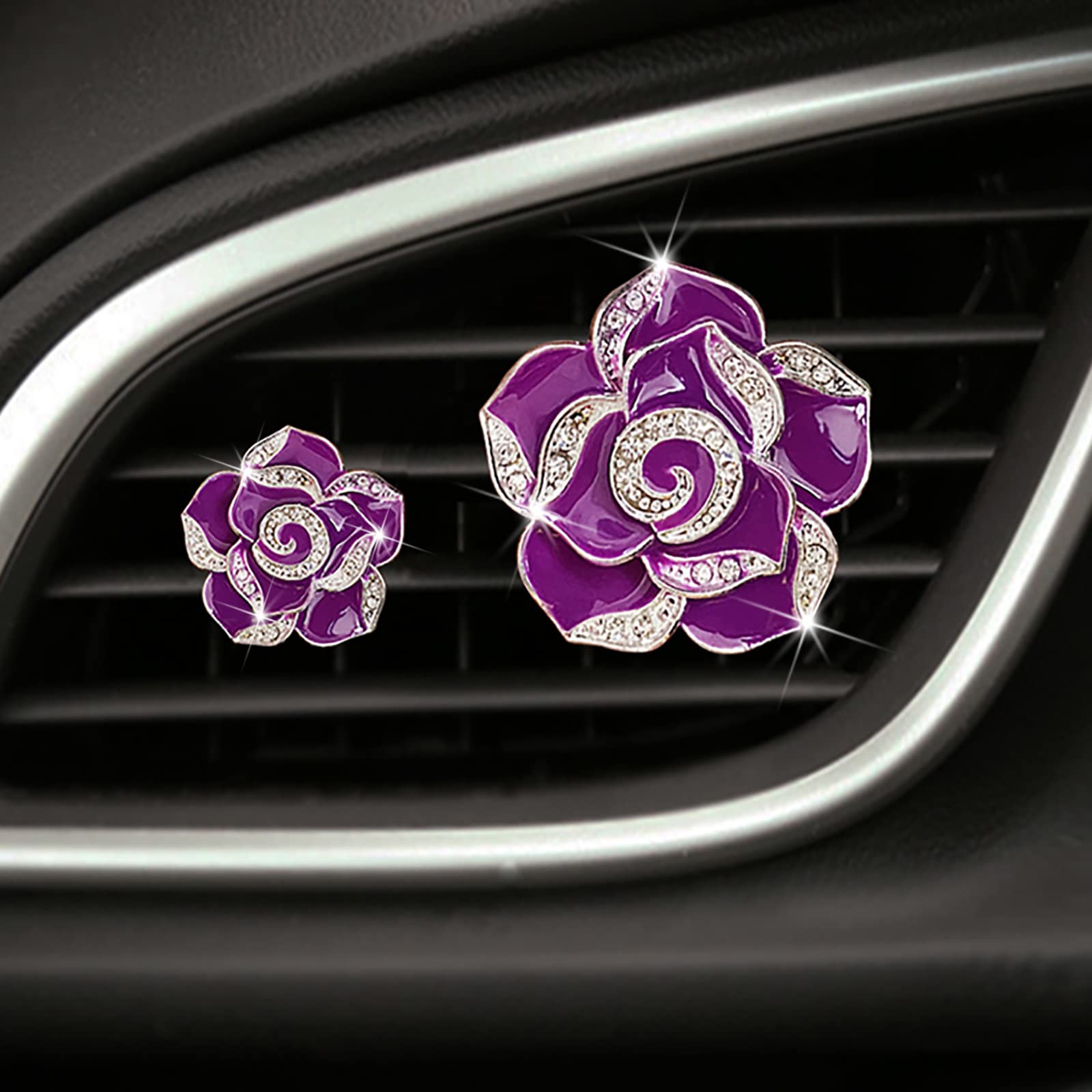 2 Pcs Camellia Air Vent Clips - Cute Flower Car Air Freshener with Crystal Rose Charm, Bling Car Vent Decor for Women & Girls | Perfect for Sedan, SUV, Truck Interior Accessories & Gift Ideas