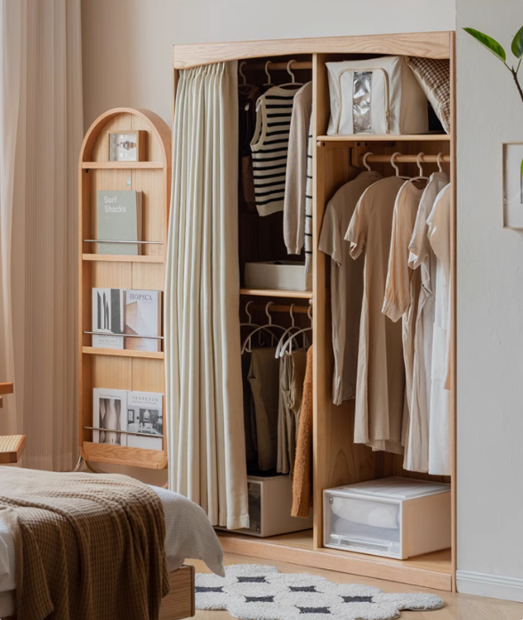 Oak Solid Wood Wardrobe with Curtain Design - Elegant Closet Storage for Bedroom, Living Room & Dorm Organization