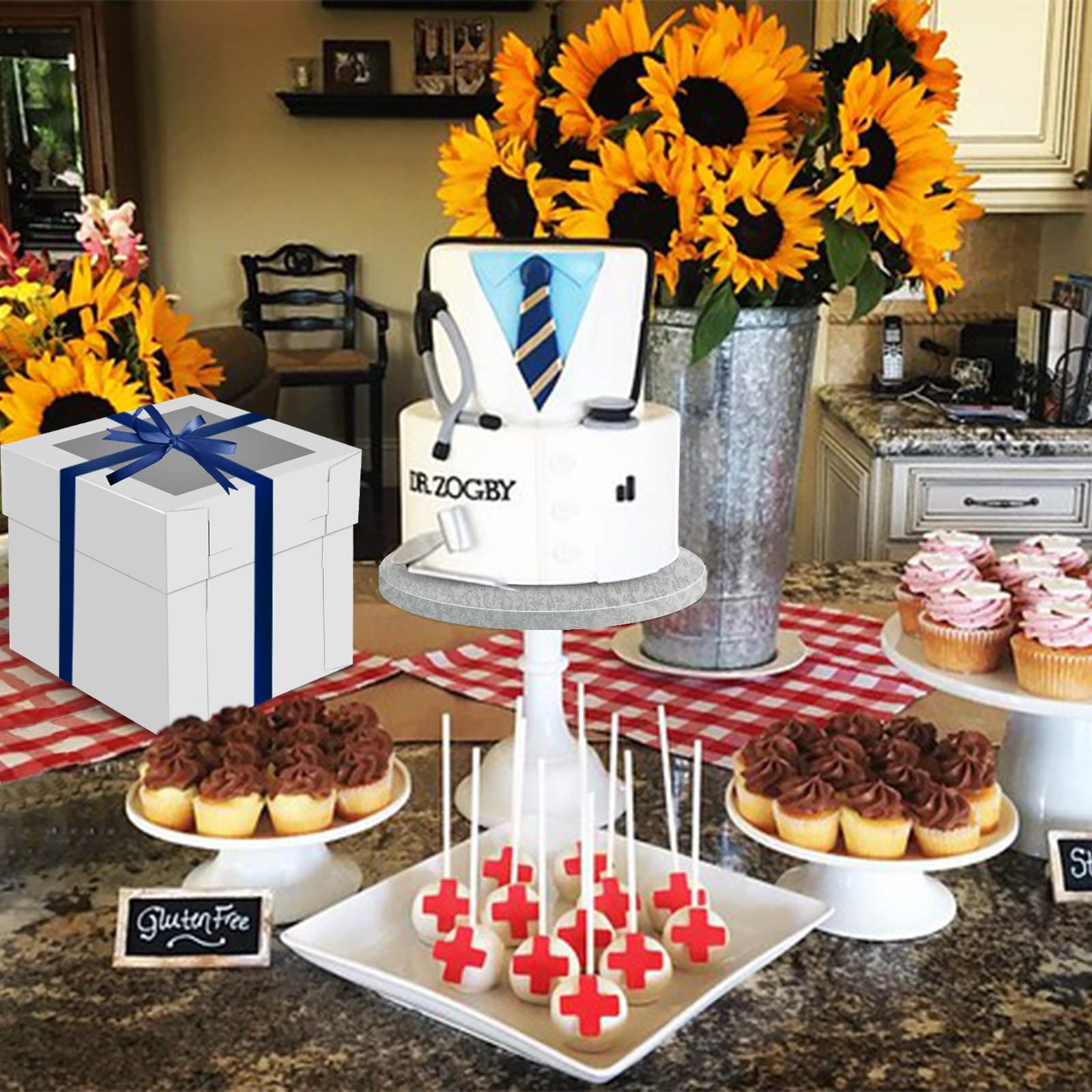 12x12x12 Inch Tall White Cake Box with Window - Disposable Tiered Cake Container & Stand with Silver Cake Board (1 Pack) - Perfect for Wedding Cakes, Birthday Cakes, and Bakery Display