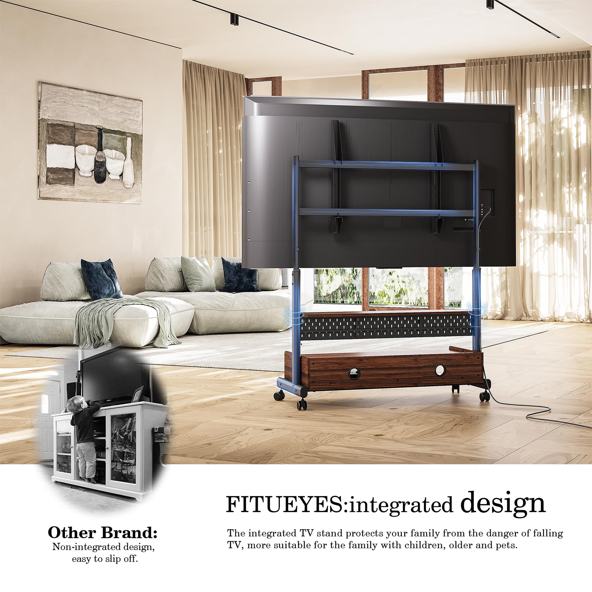 FITUEYES Heavy Duty Rolling TV Stand for 70-100 Inch Flat/Curved Screens - Mobile Corner TV Cart with Wooden Storage Shelf Holds Up to 176 lbs - Perfect for Living Room, Bedroom, or Home Theater Setup