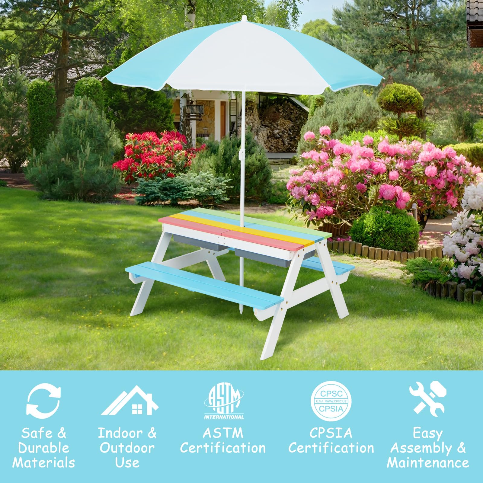 Olakids 4-in-1 Kids Picnic Table Set - Outdoor Wooden Toddler Activity Table with Sand & Water Play, Removable Umbrella & Bench Chairs - Perfect for Patio, Garden, Backyard & Playtime Fun