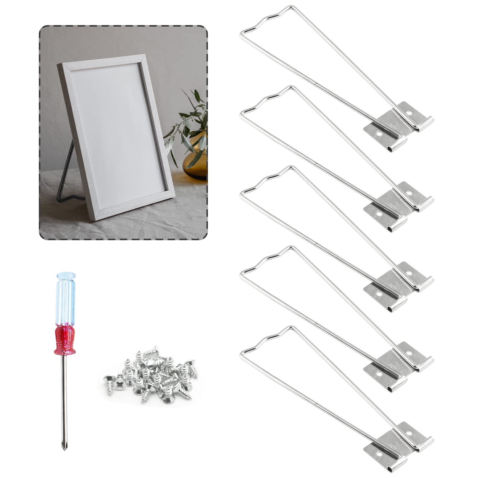 5 Pcs Silver Iron Easel Back Stand for Picture Frames - Includes Screws & Screwdriver - Perfect for Photo Displays, Wall Art, and Tabletop Decor