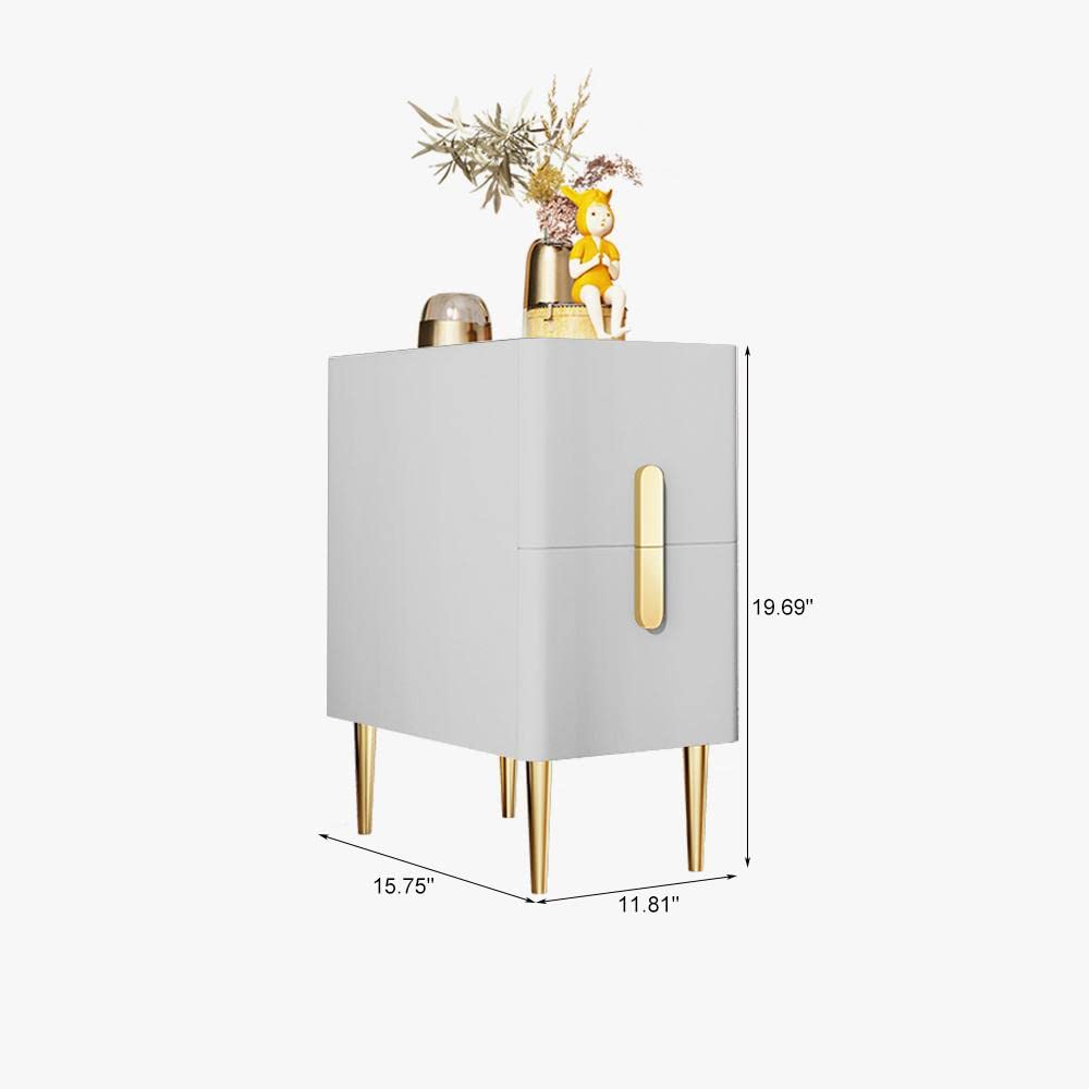 Modern White Narrow Nightstand with 2 Drawers - Sintered Stone Tabletop & Stainless Steel Legs - PU Leather Bedside Table for Bedroom, Living Room - Compact End Table for Small Spaces (1 Piece)