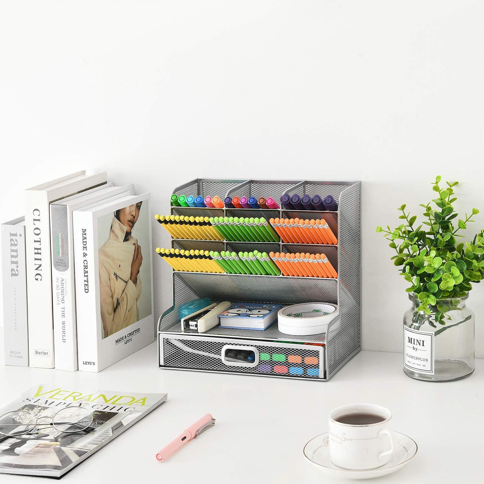 Mesh Desk Organizer with Drawer - Silver Pen Holder for School, Office & Home
