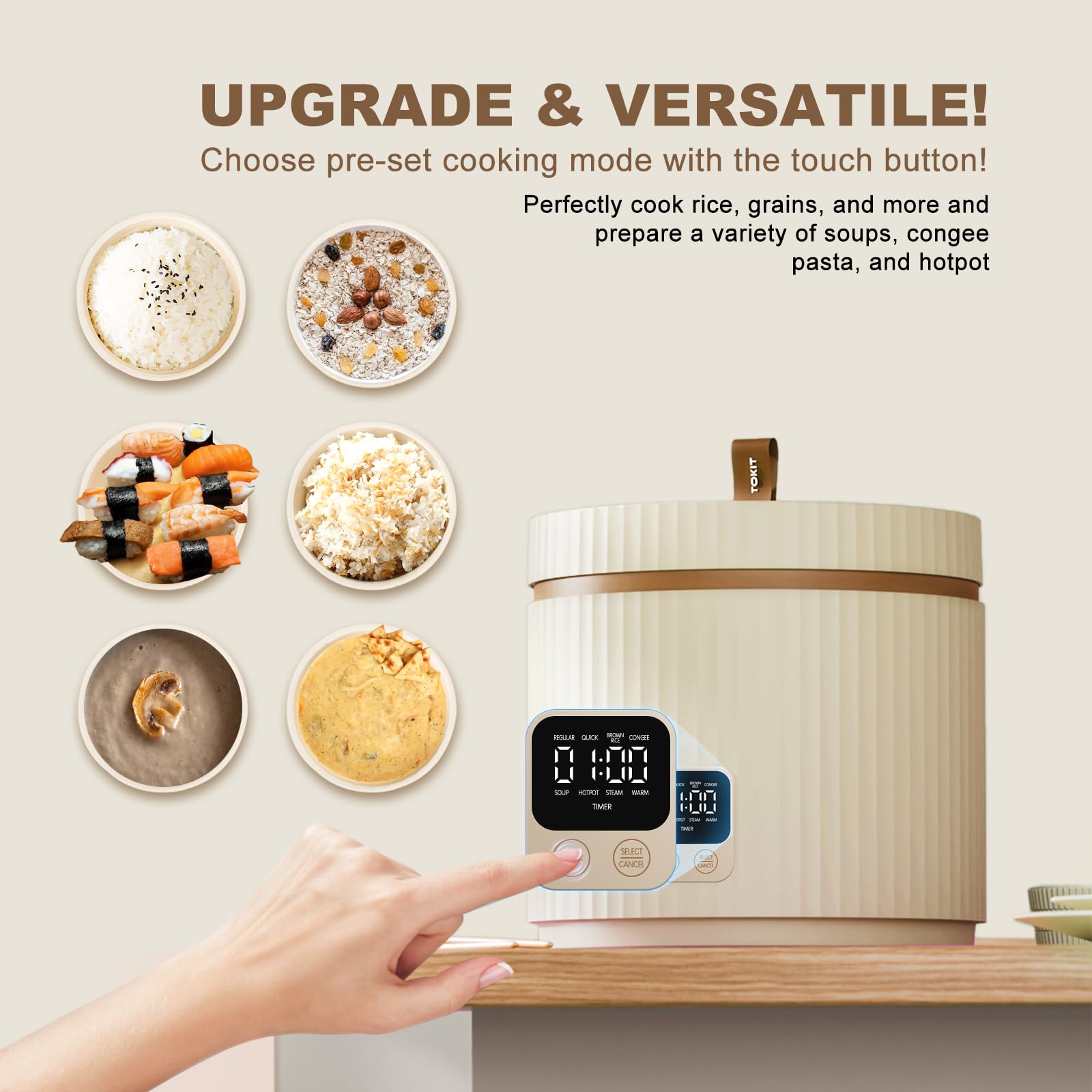 TOKIT Cuociriso PRO 1.5L Mini Rice Cooker - Electric Ceramic Non-Stick Inner Pot with Touch Display, Perfect for 1-3 People - Ideal Gift for Women, Men, Couples & Students (Beige) - Great for Dorms, Small Kitchens & Quick Meals