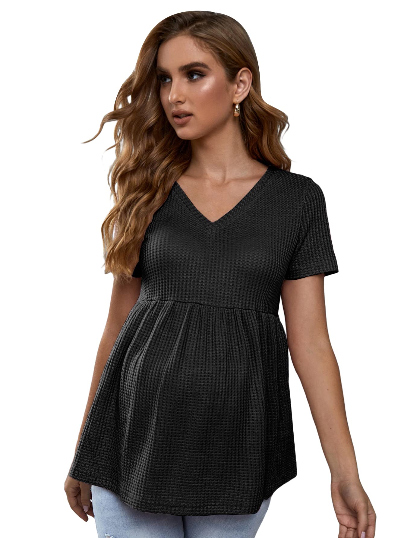 MakeMeChic Women's Maternity Peplum Top Waffle Knit Short Sleeve V-Neck Tee Shirt - Comfortable Pregnancy Clothes for Work & Casual Wear