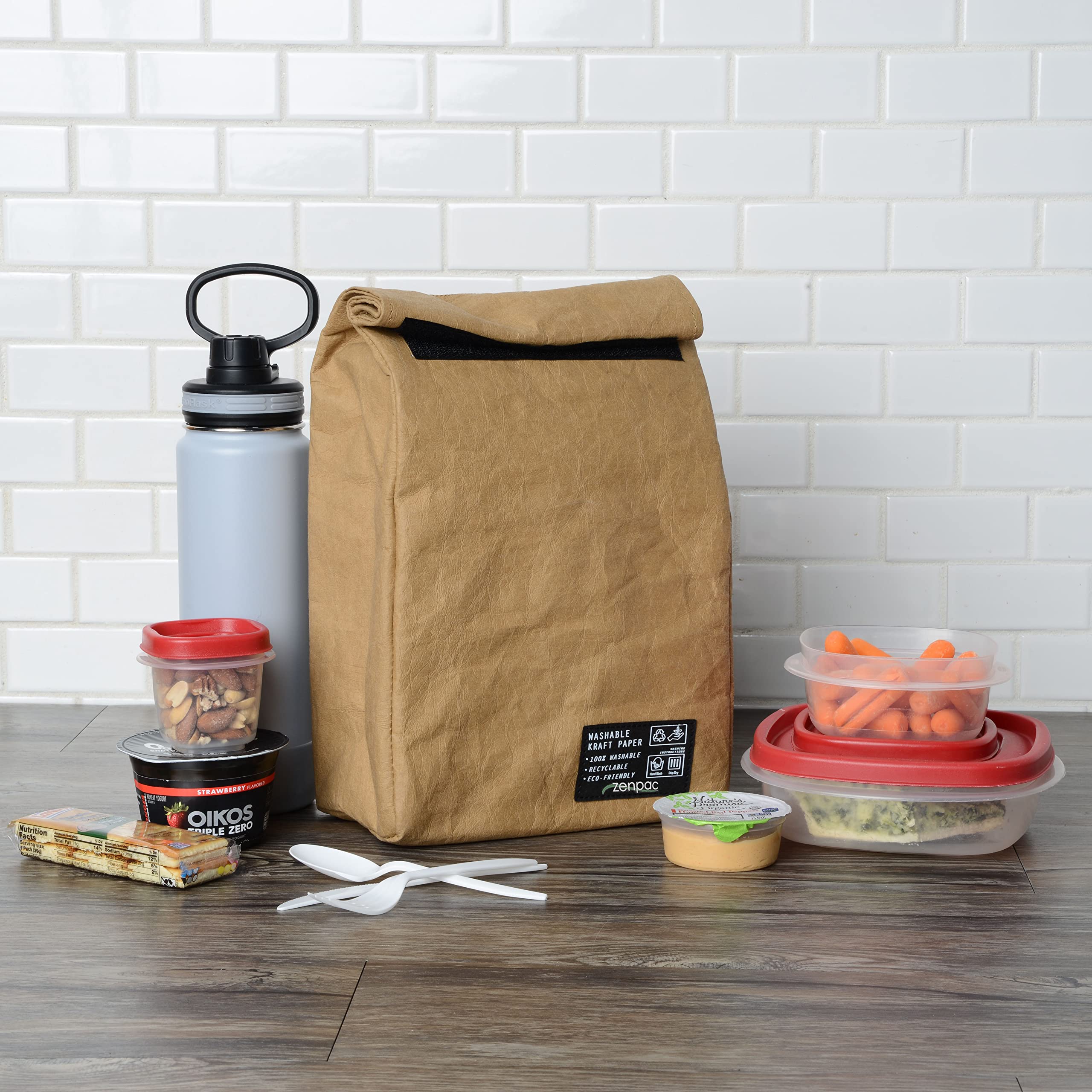 ZENPAC Reusable & Washable Small Brown Lunch Bag - Leakproof Kraft Paper Sack for Work, School, Picnic | Perfect for Food, Beverages, Snacks & Travel | Eco-Friendly Lunch Box (8.5x4.5x12 Inches) - Ideal for Office, Camping, Hiking and Daily Commute