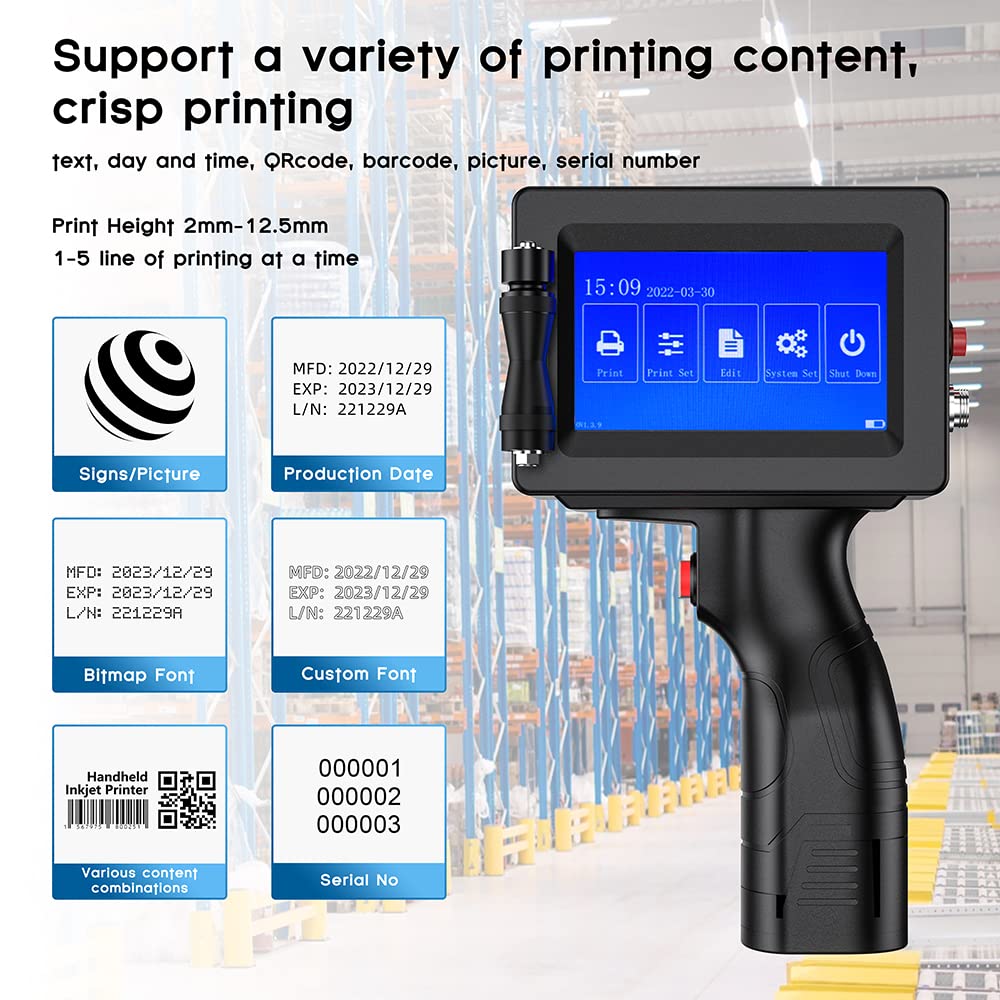 JS12H1 Handheld Inkjet Printer with Quick-Drying Ink - Portable Date Coding Machine for Text, QR Codes, Barcodes & Batch Numbers - Label Printer for Metal, Plastic, Wood & More - Ideal for Warehouse, Factory & Retail Labeling