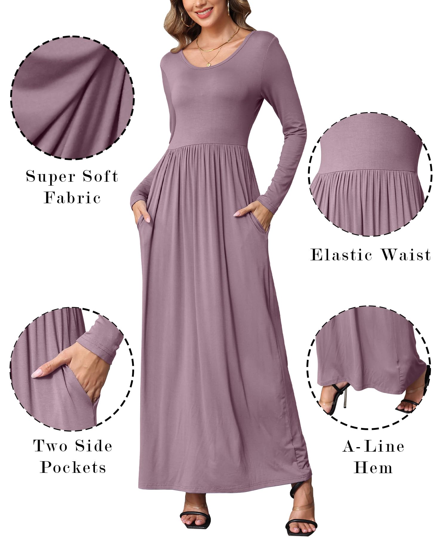 EUOVMY Women's Long Sleeve Maxi Dress - Loose Fit Casual Midi Dress with Pockets | Perfect for Beach, Travel, and Everyday Wear